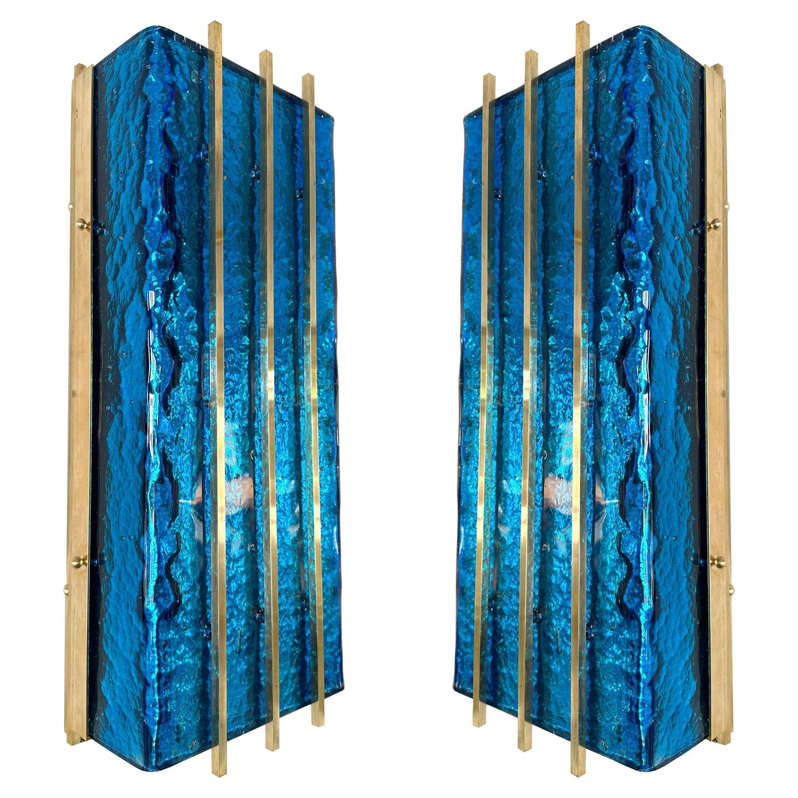 Contemporary Pair Of Brass And Blue Murano Glass Sconces, Italy