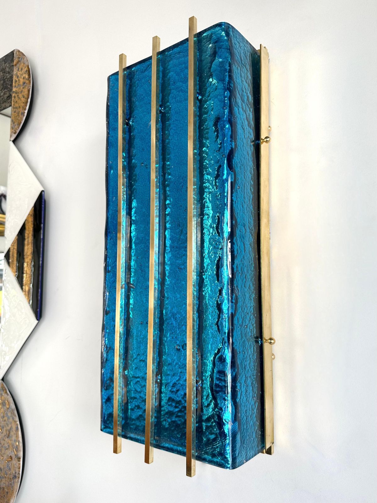 Contemporary Pair Of Brass And Blue Murano Glass Sconces, Italy photo buy