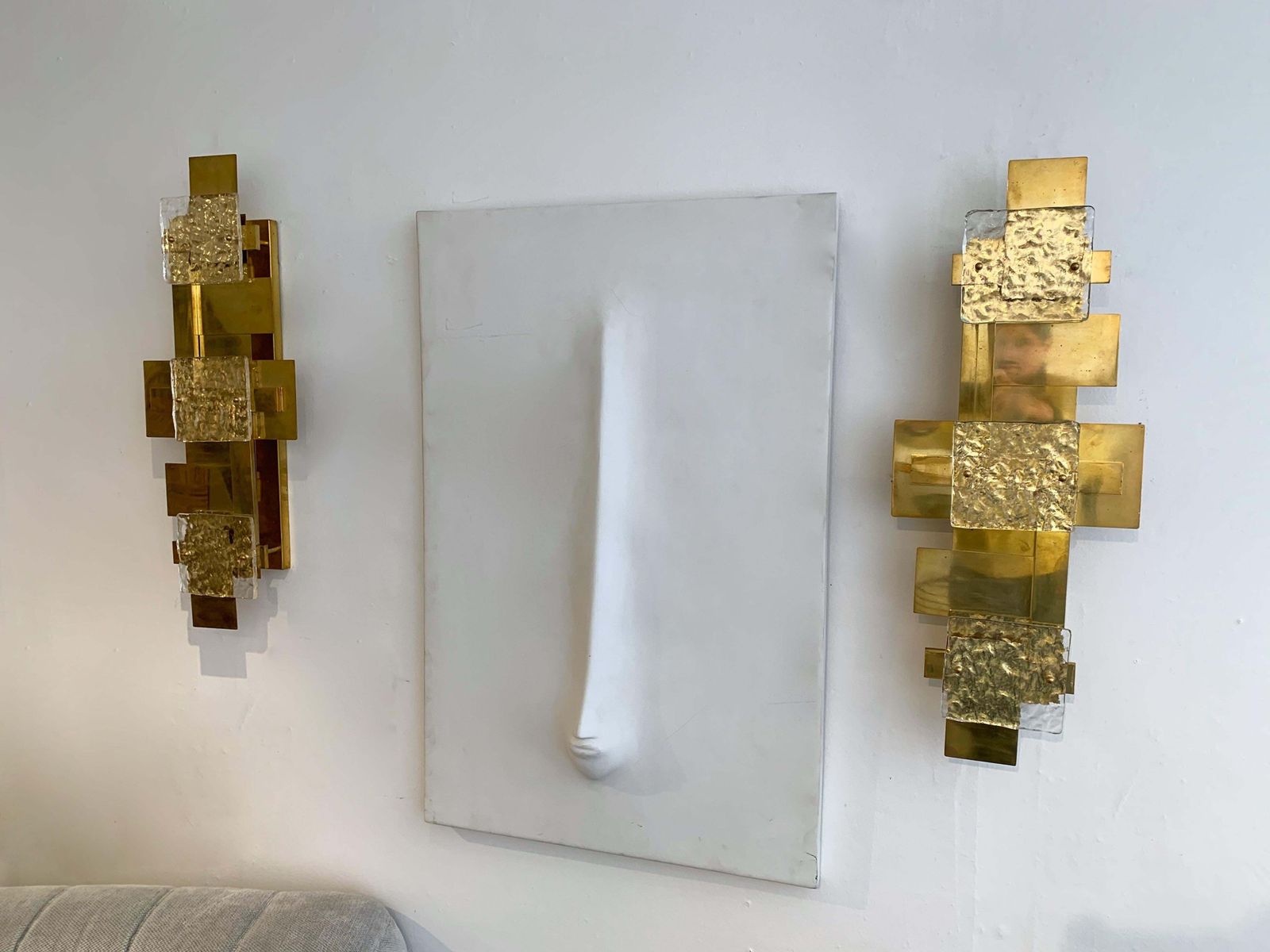 Contemporary Pair Of Brass Sconces Geometrical Murano Glass, Italy photo for sale