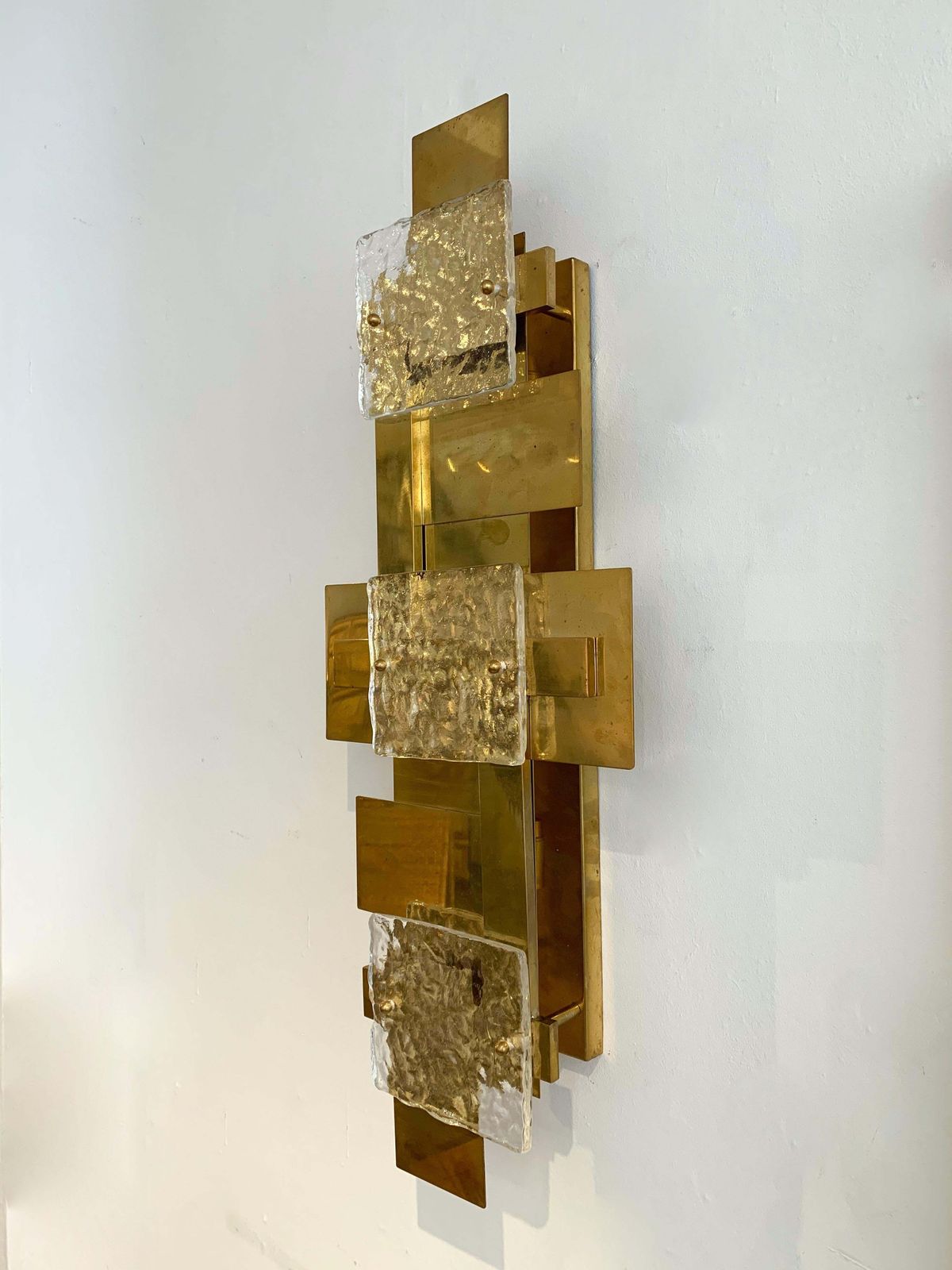 Contemporary Pair Of Brass Sconces Geometrical Murano Glass, Italy photo vinterior