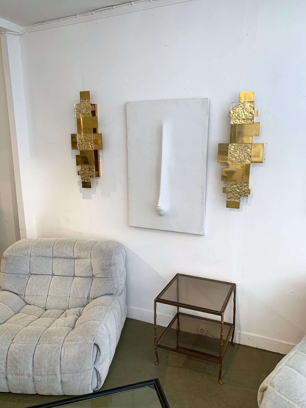 photo furniture Contemporary Pair Of Brass Sconces Geometrical Murano Glass, Italy