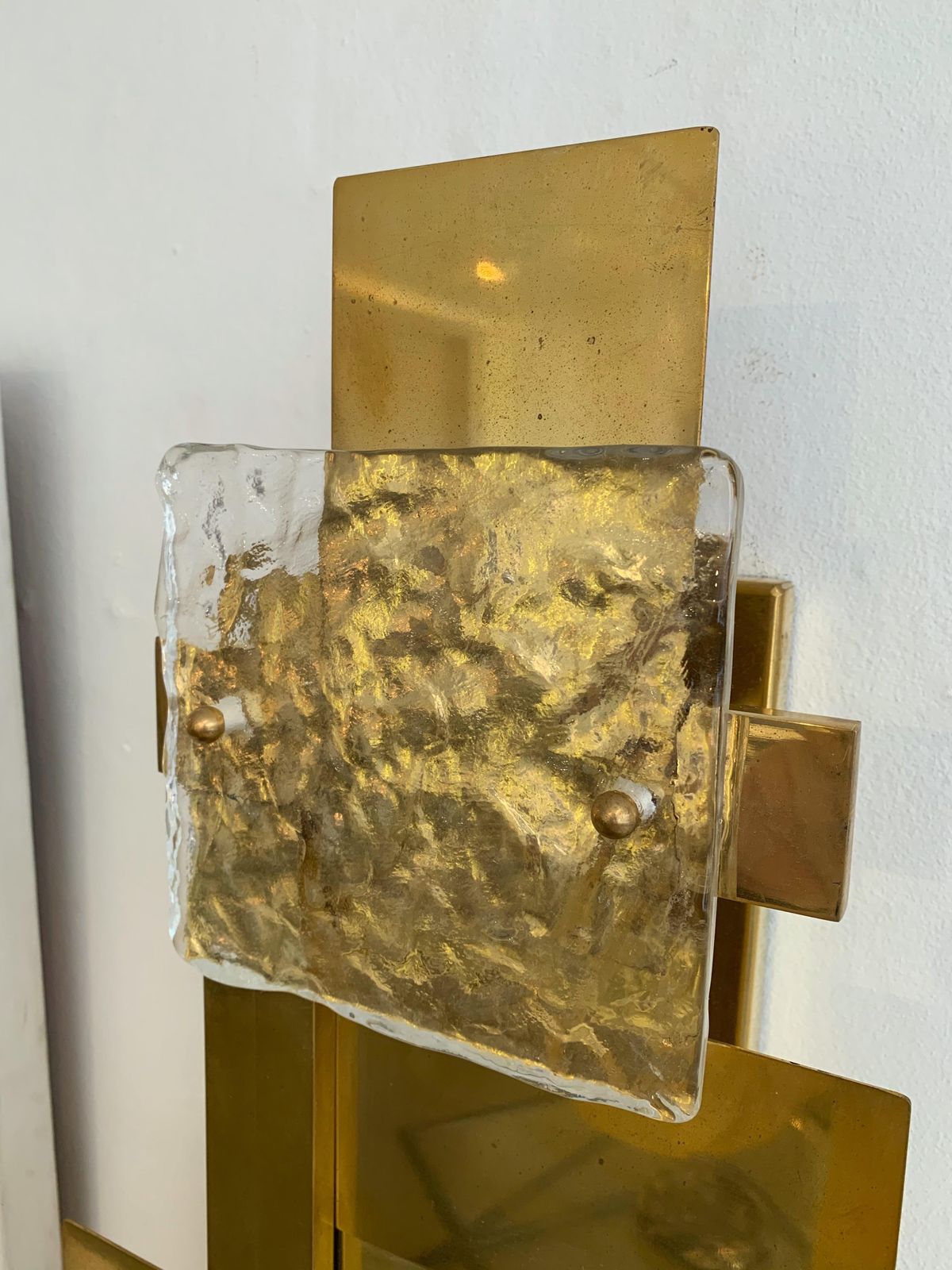 photo for sale Contemporary Pair Of Brass Sconces Geometrical Murano Glass, Italy
