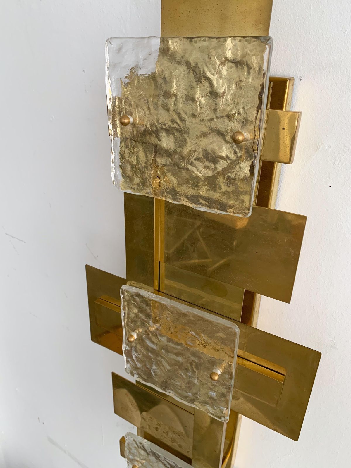 Lighting Contemporary Pair Of Brass Sconces Geometrical Murano Glass, Italy photo