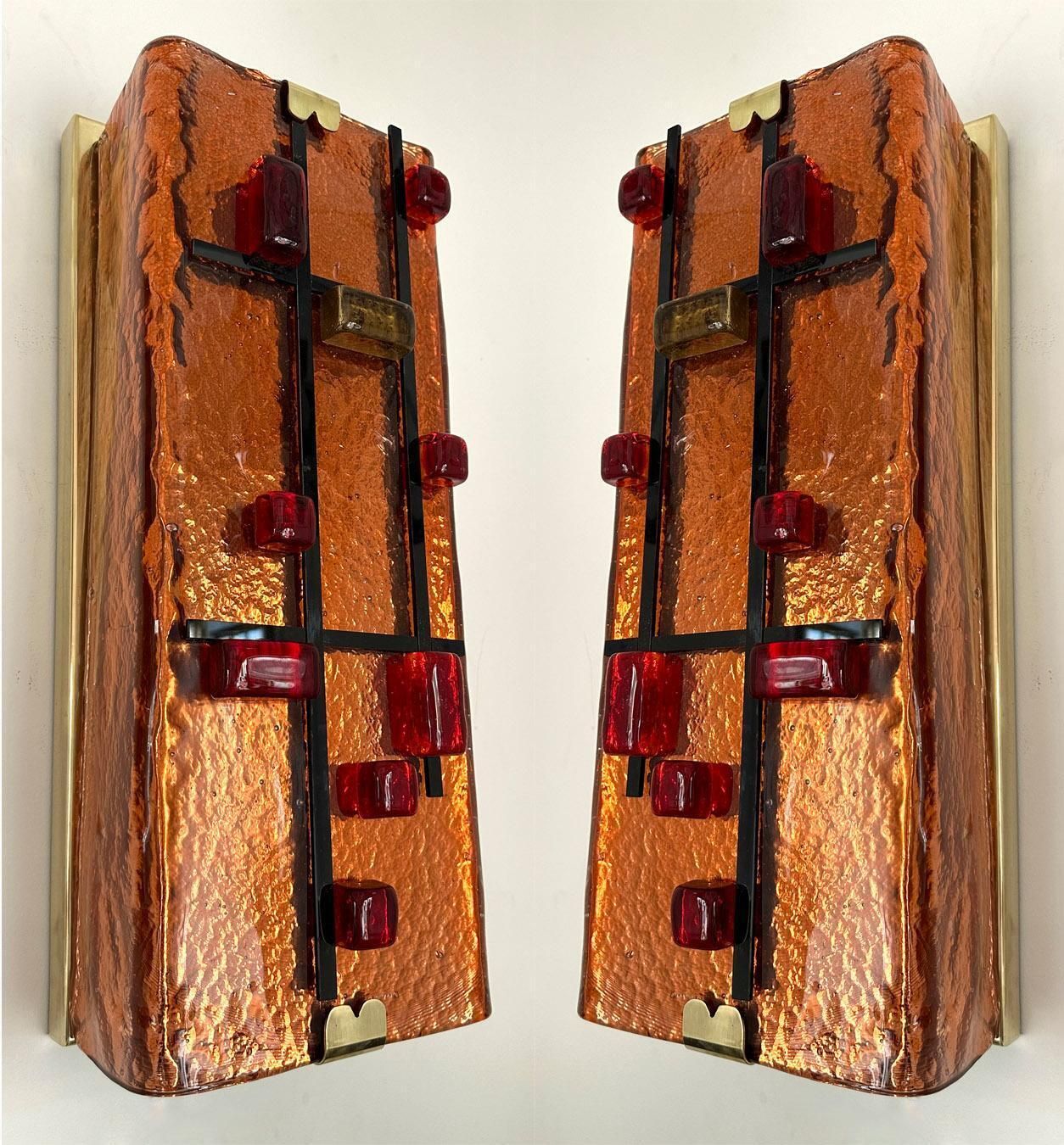 Contemporary Pair Of Brass And Coral Murano Glass Sconces, Italy photo 3849.0