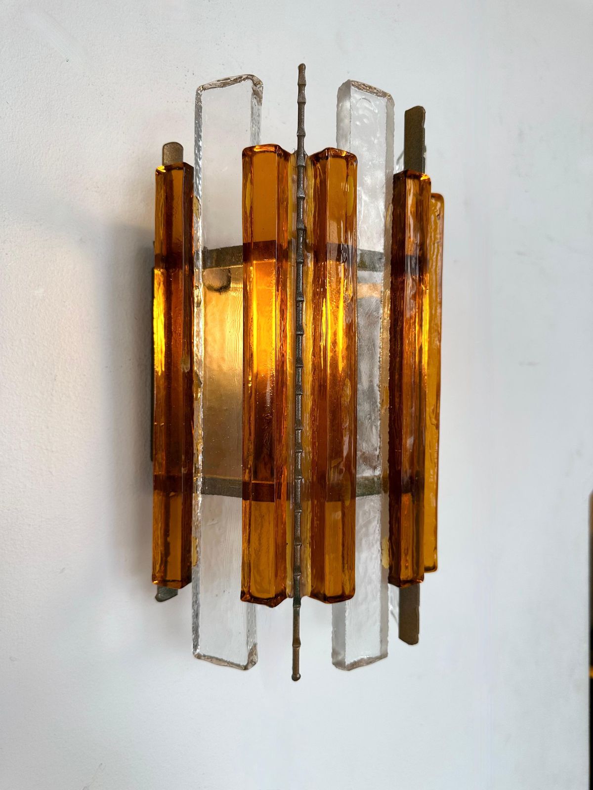 Pair Of Hammered Glass Wrought Iron Sconces By Longobard, Italy, 1970s photo for sale