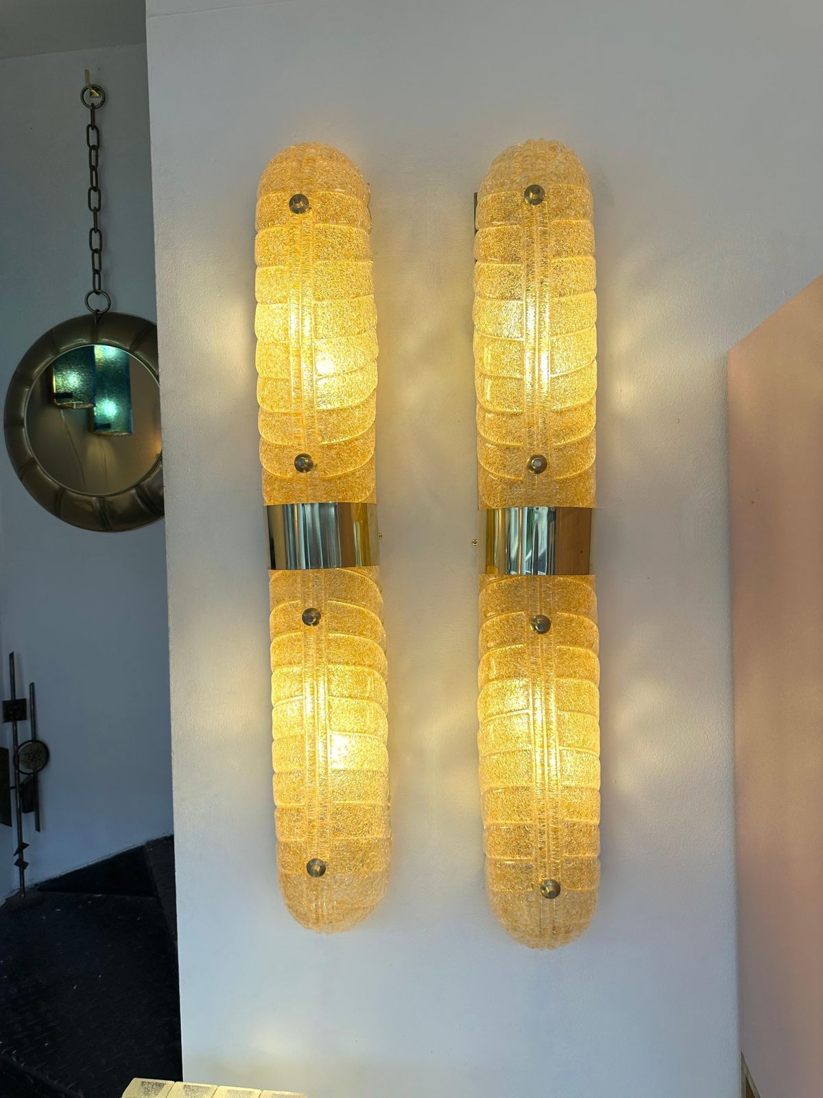 Contemporary Pair Of Brass And Palm Murano Glass Sconces, Italy photo Lighting