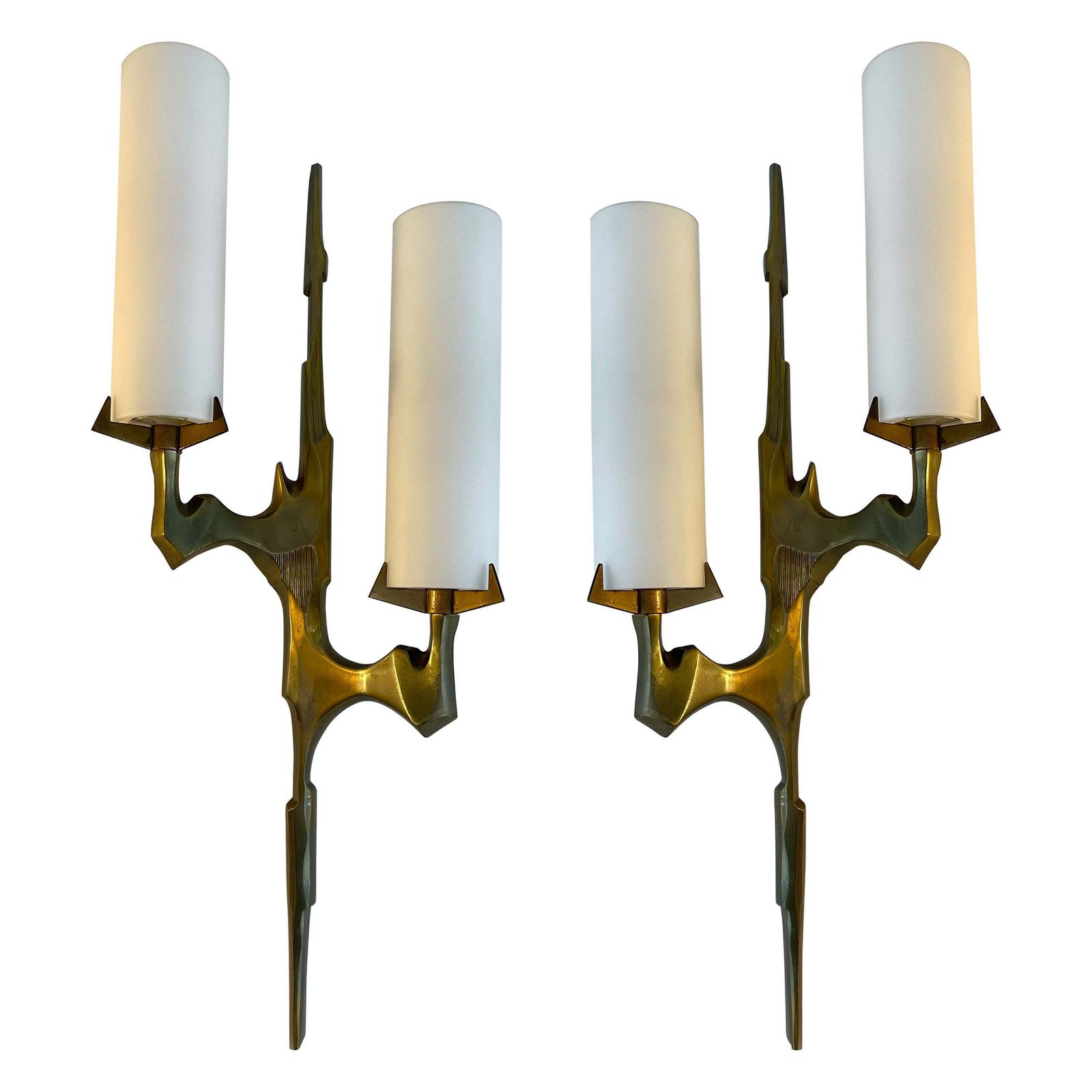 Pair Of Gilt Bronze And Opaline Glass Sconces By Maison Arlus, France, 1960s