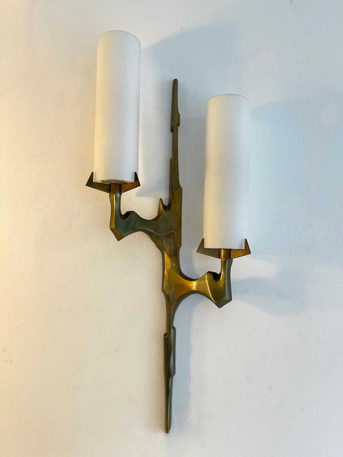 Pair Of Gilt Bronze And Opaline Glass Sconces By Maison Arlus, France, 1960s photo 4276.0