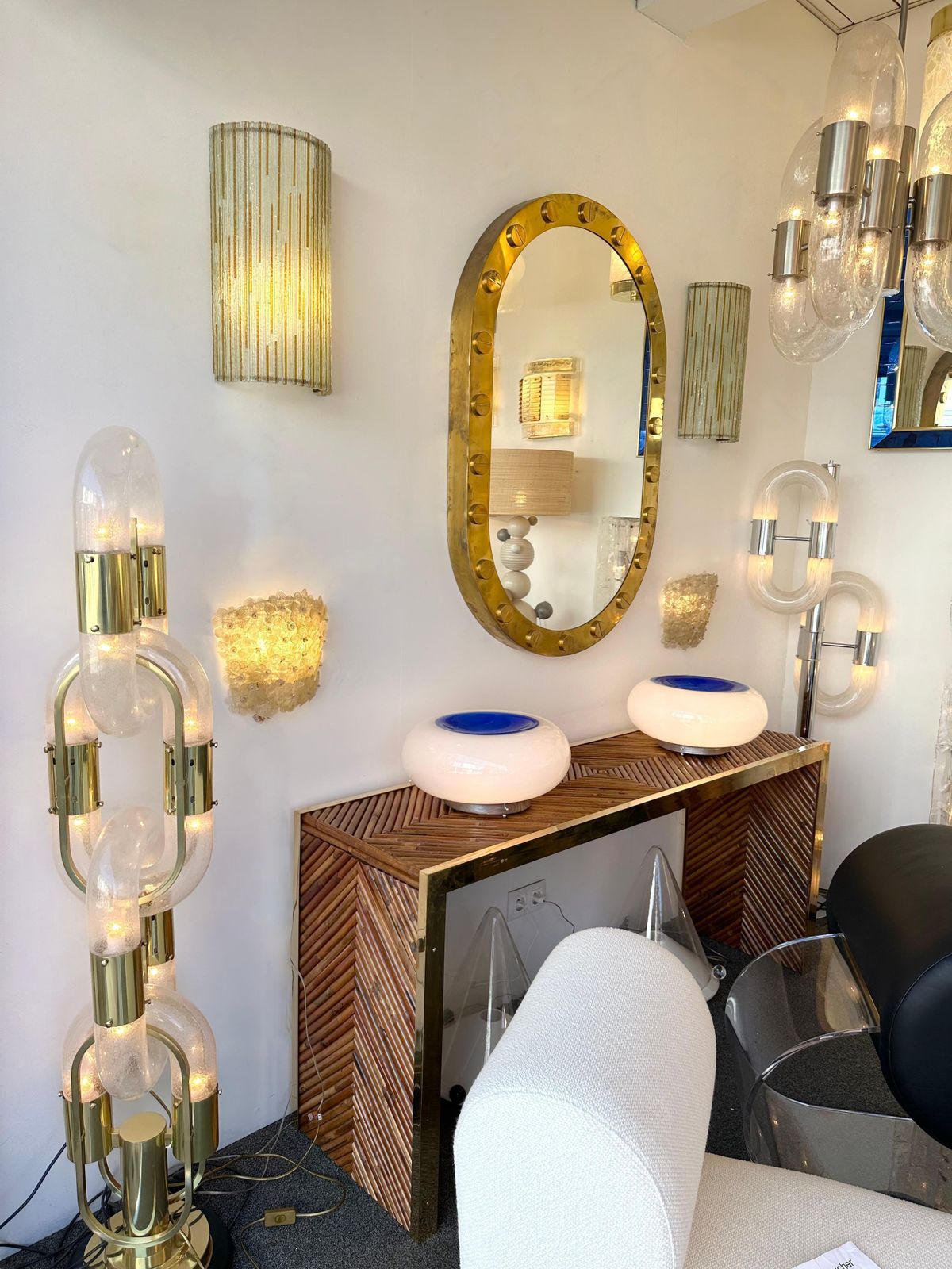 photo for sale Large Pair Of Hammered Amber Glass Ice Sconces By Poliarte, Italy, 1970s