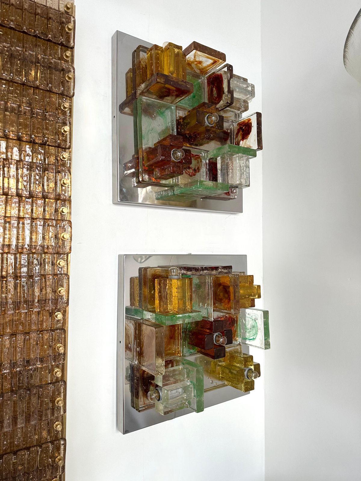 Pair Of Geometry Glass Construction Metal Sconces By Poliarte, Italy, 1970s photo buy
