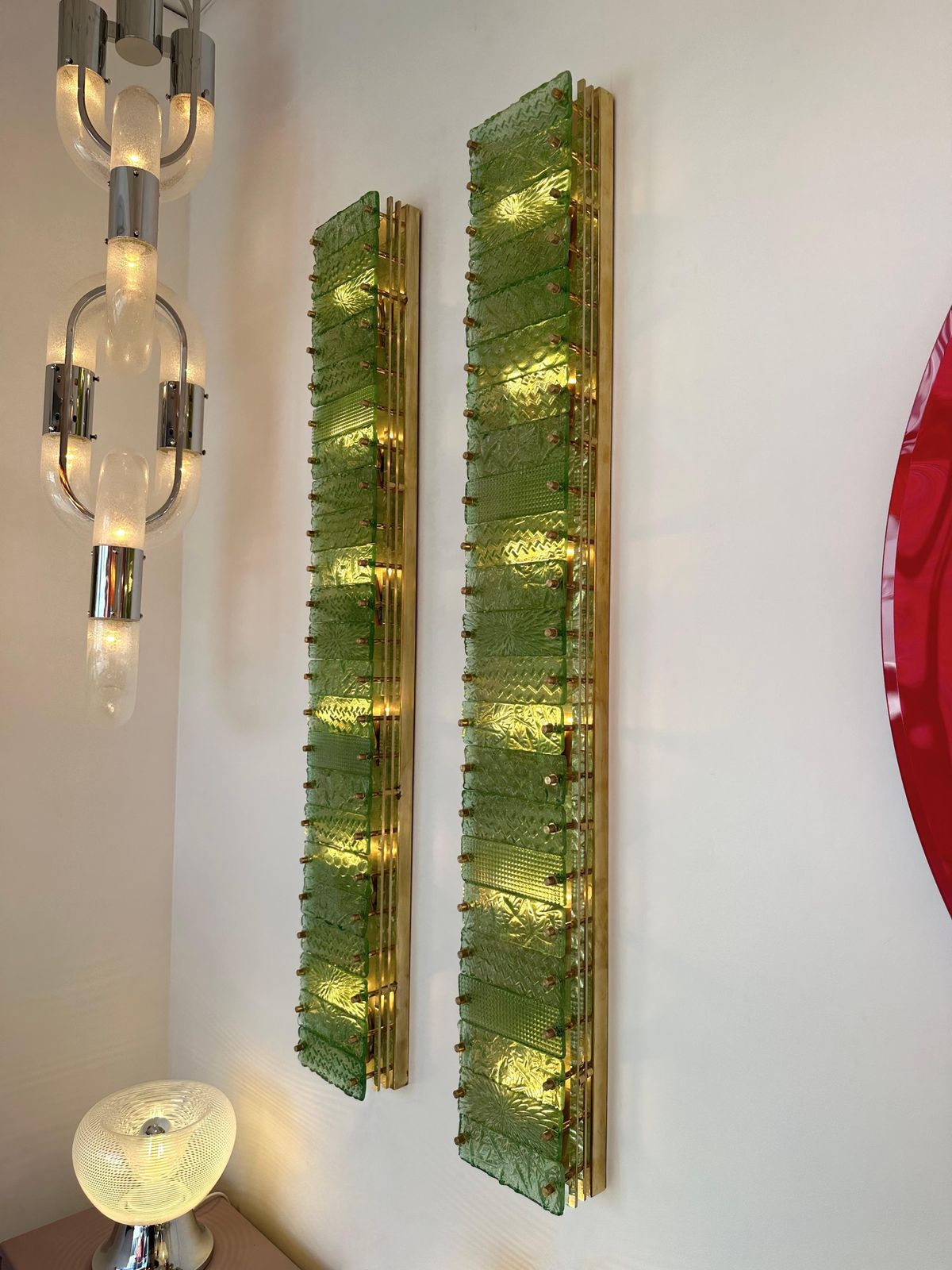 photo for sale Large Contemporary Pair Of Brass Green Gold Leaf Murano Glass Sconces, Italy