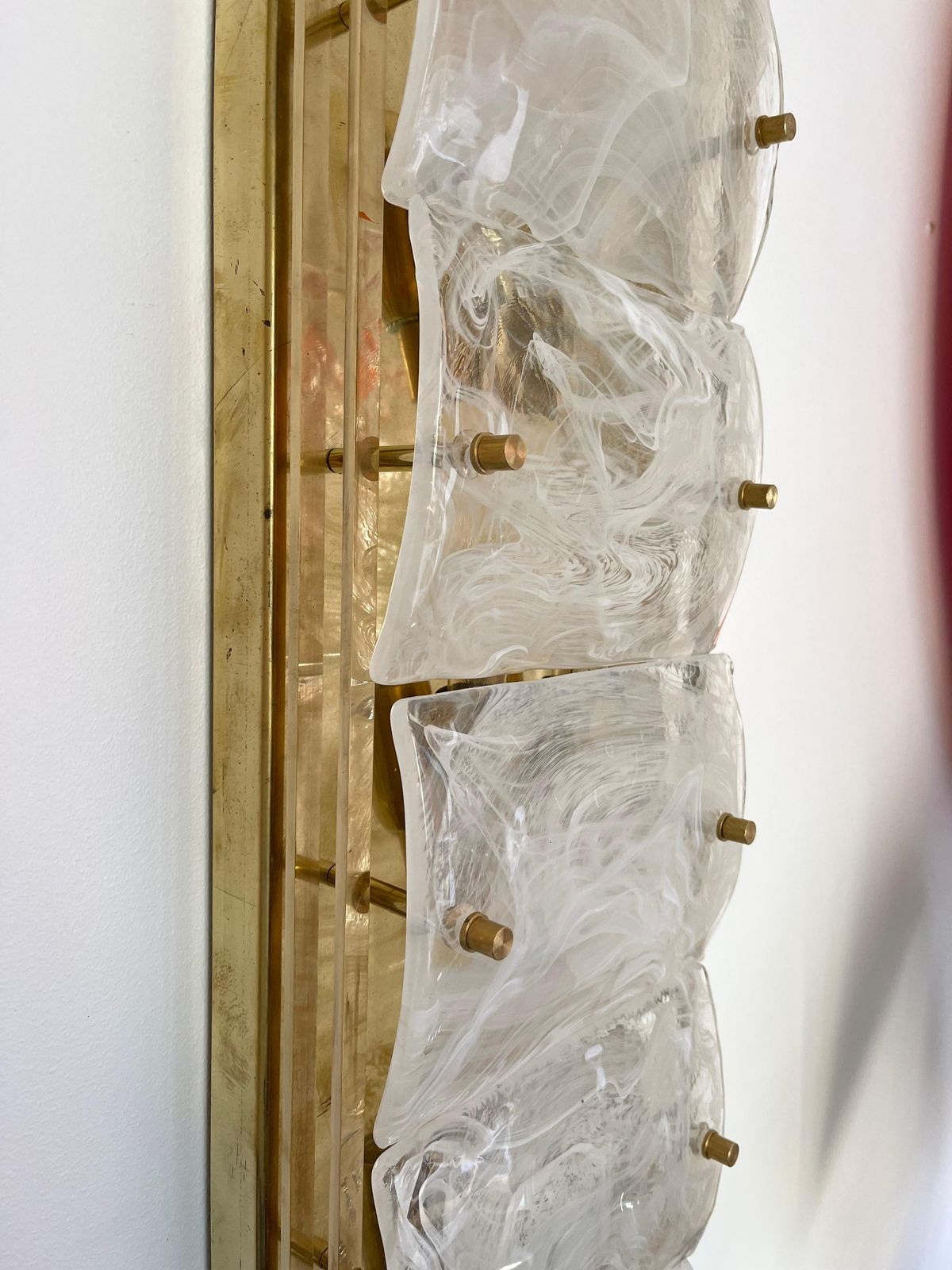 Large Contemporary Pair Of Brass And White Penerello Murano Glass Sconces, Italy photo furniture