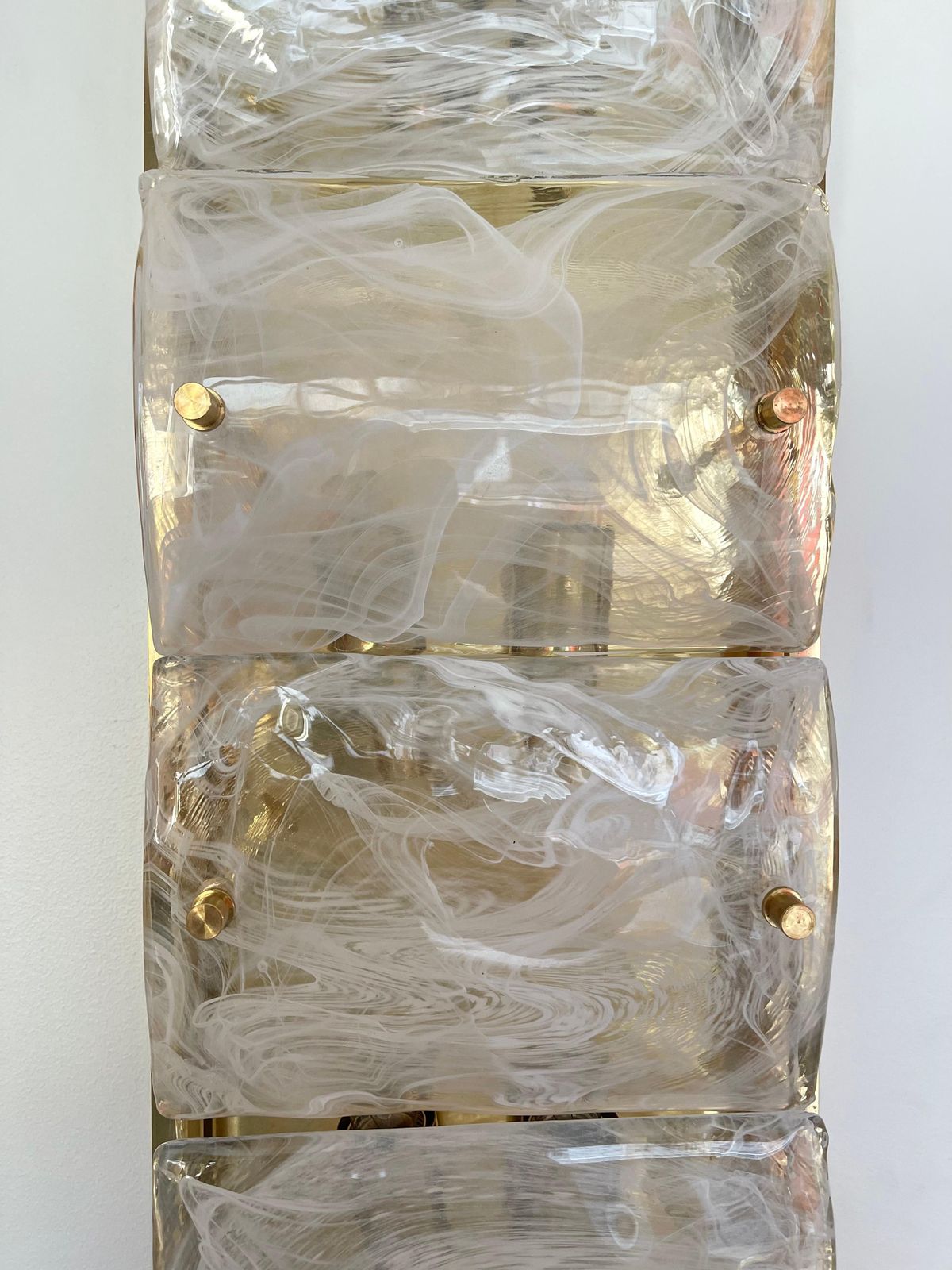 Large Contemporary Pair Of Brass And White Penerello Murano Glass Sconces, Italy photo for sale