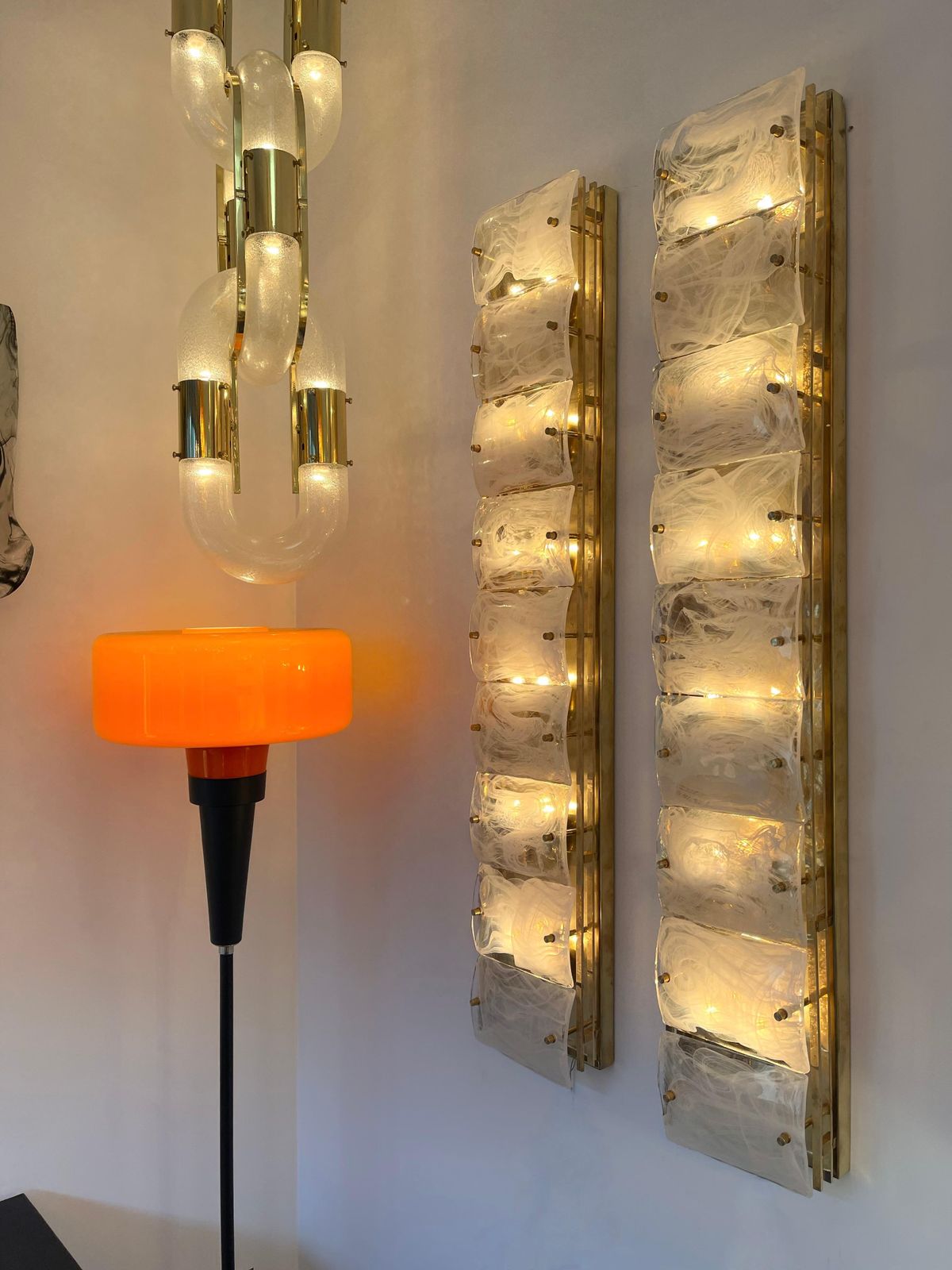 photo furniture Large Contemporary Pair Of Brass And White Penerello Murano Glass Sconces, Italy