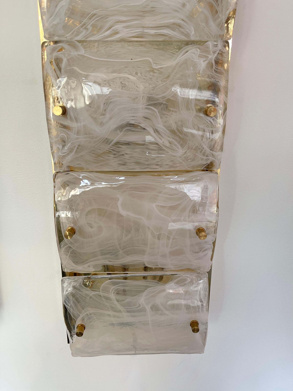 photo for sale Large Contemporary Pair Of Brass And White Penerello Murano Glass Sconces, Italy