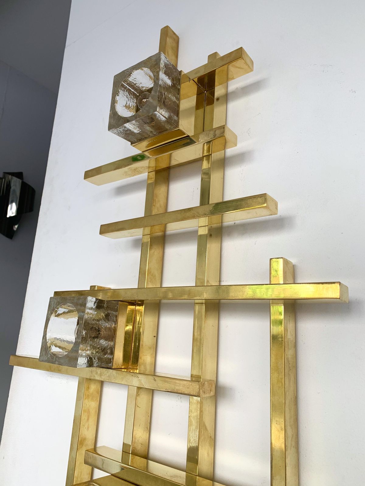 Pair Of Contemporary Brass Murano Glass Cubic Sconces, Italy photo for sale