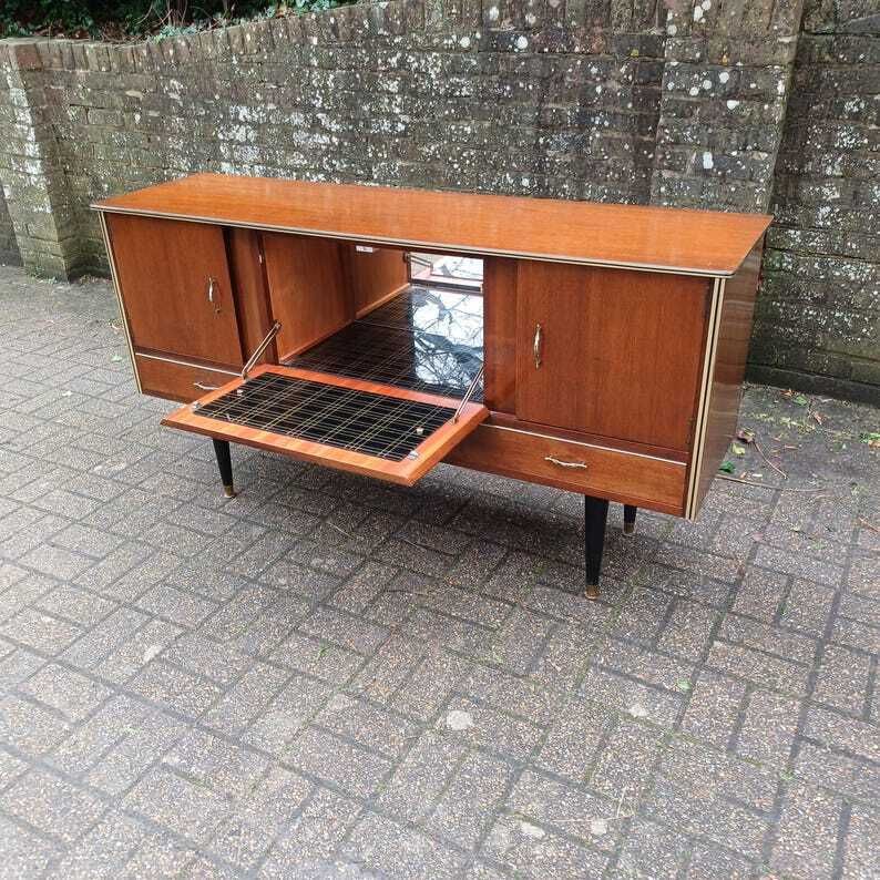 Mid Century Vintage Retro French Cocktail Sideboard With Illuminated Bar Section photo Furniture