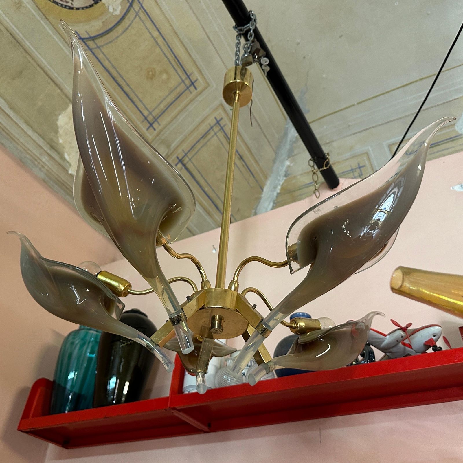 1970s Mid Century Modern Brown Murano Glass And Brass Chandelier By Franco Luce photo buy