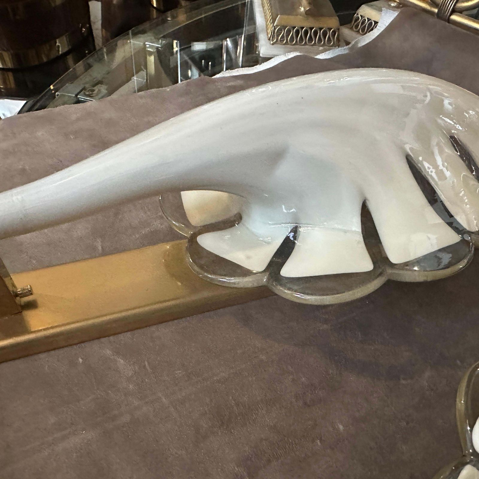 1970s Mid Century Modern Light Grey And Brass Murano Glass Sconce By Franco Luce photo vintage