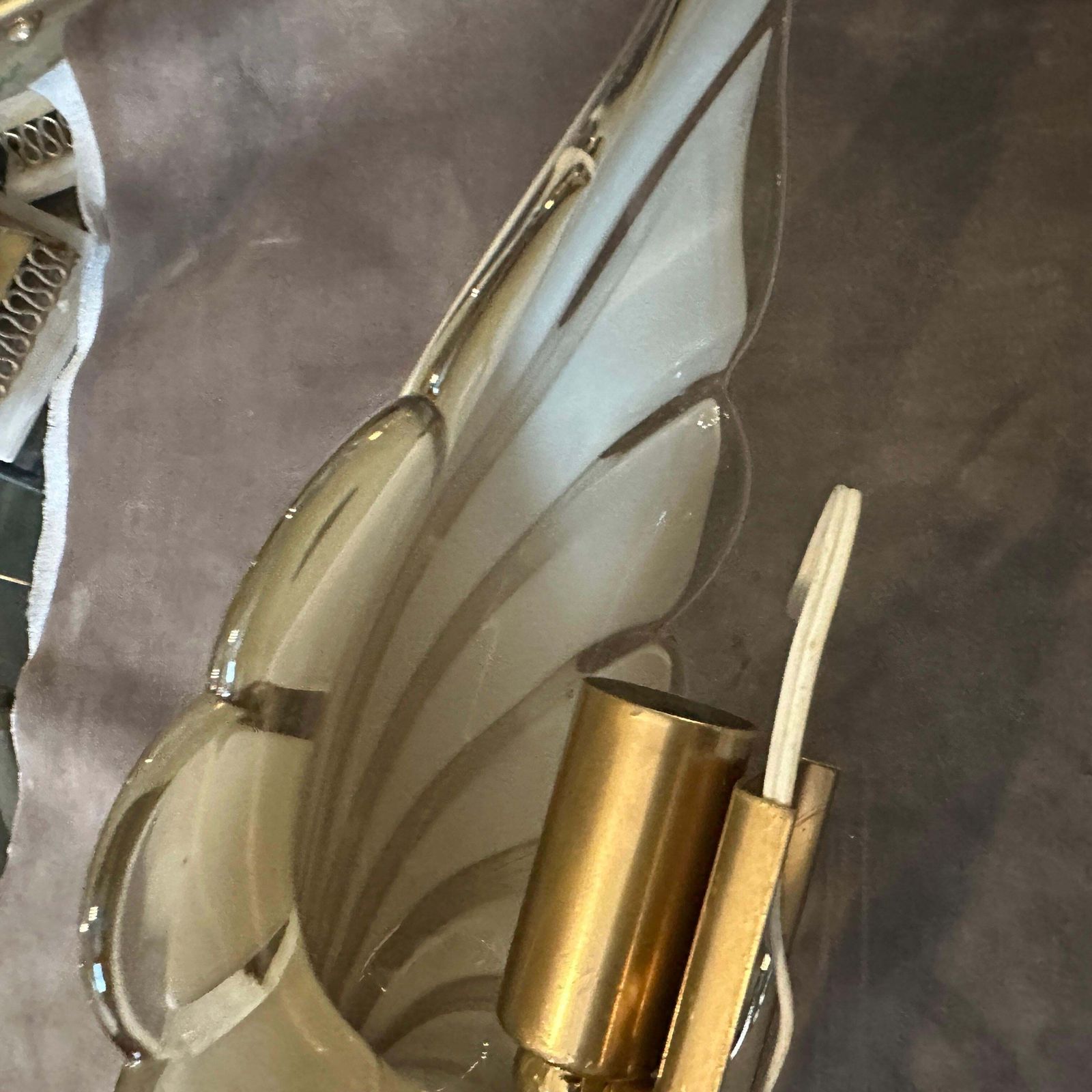 photo for sale 1970s Mid Century Modern Light Grey And Brass Murano Glass Sconce By Franco Luce
