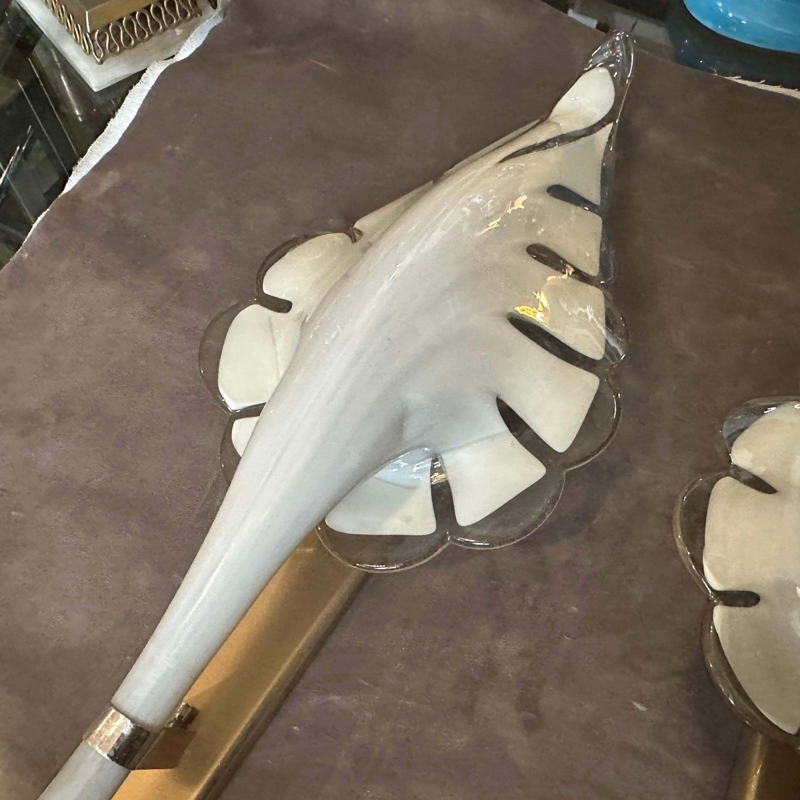 photo buy 1970s Mid Century Modern Light Grey And Brass Murano Glass Sconce By Franco Luce