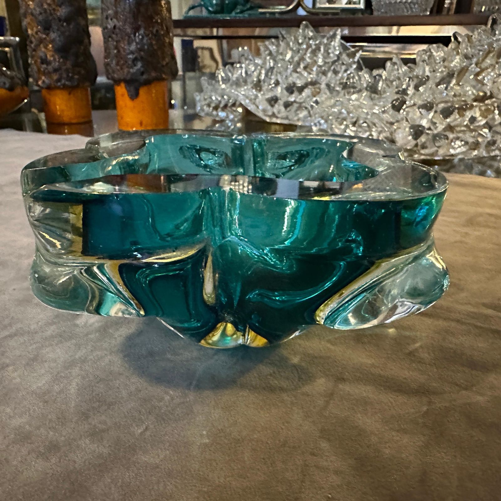 1960s Seguso Style Modern Heavy Green And Yellow Murano Glass Big Ashtray photo vintage