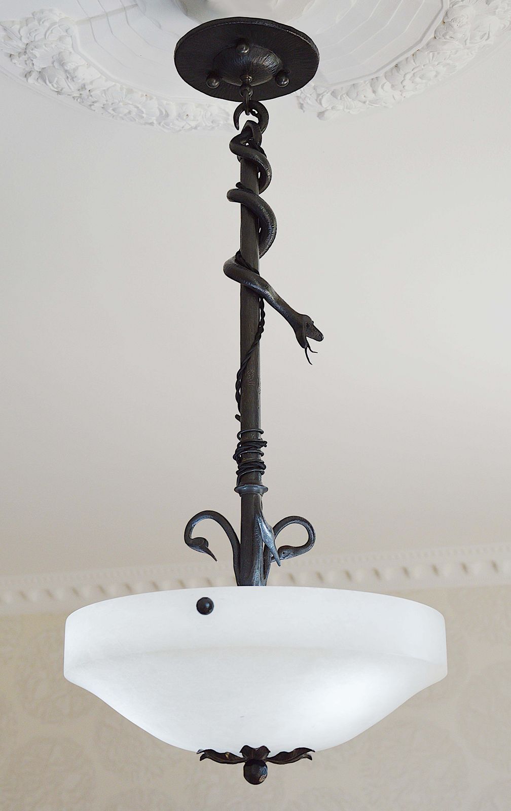 French Art Deco Wrought Iron Snake And Alabaster Pendant Chandelier, 1928 photo vinterior