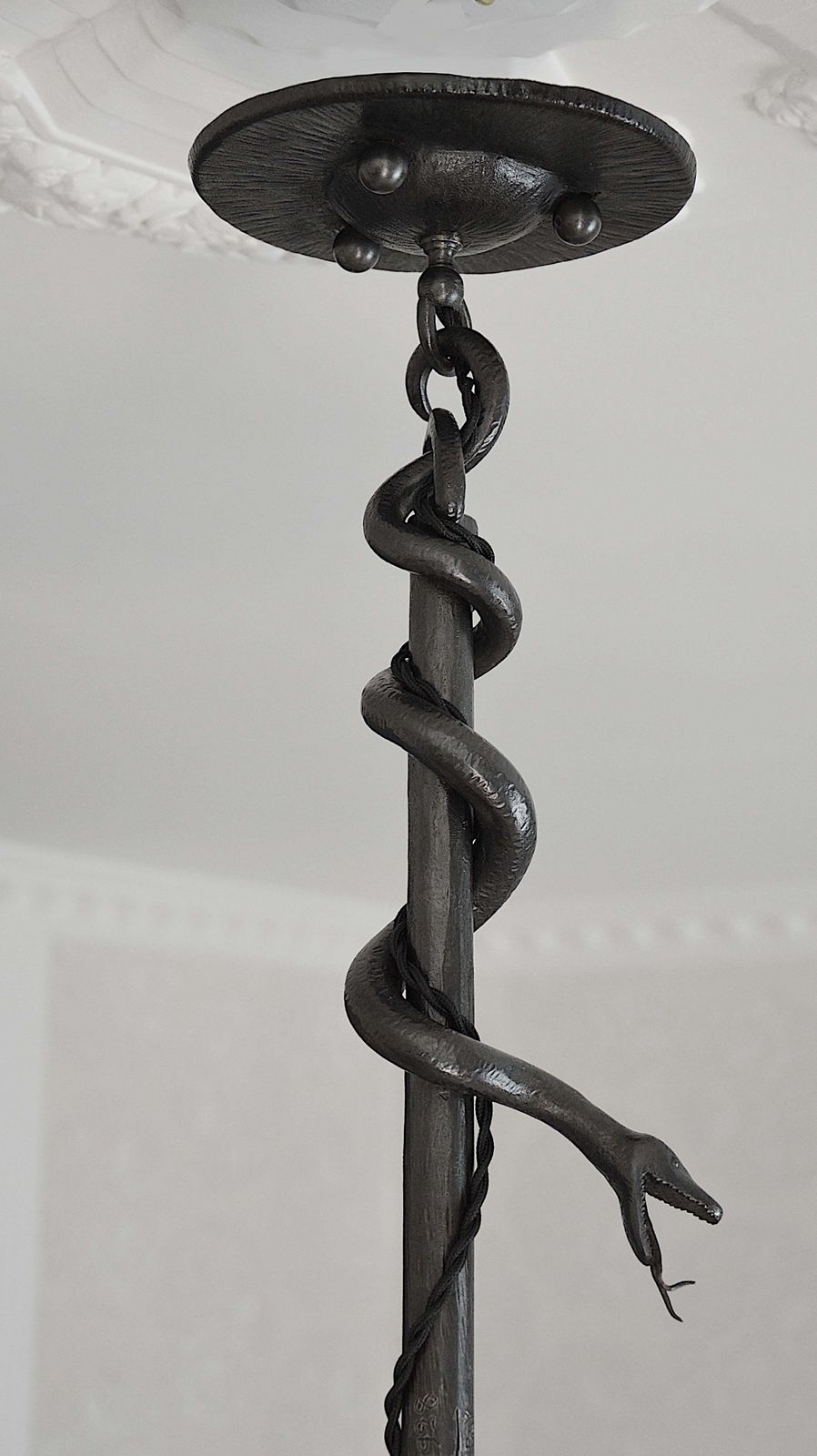 French Art Deco Wrought Iron Snake And Alabaster Pendant Chandelier, 1928 photo vintage