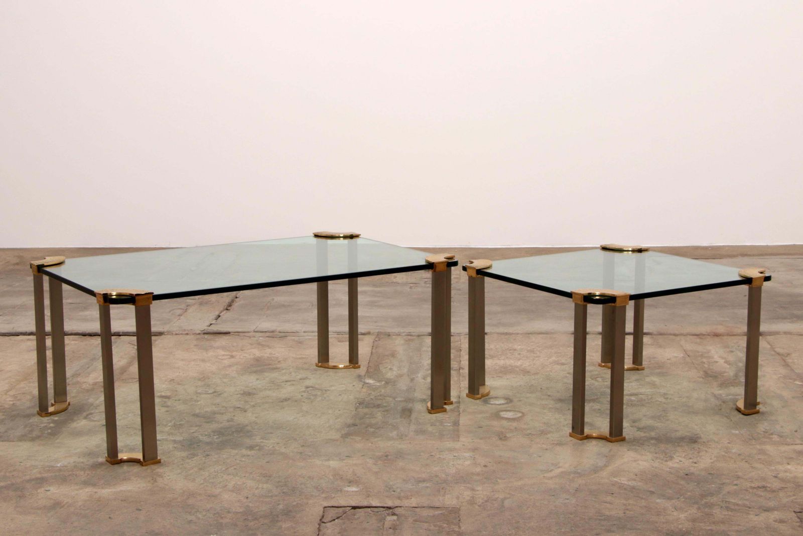 Hollywood Regency Glass Coffee Table With Glass Side Table, Peter Ghyzcy Style photo for sale