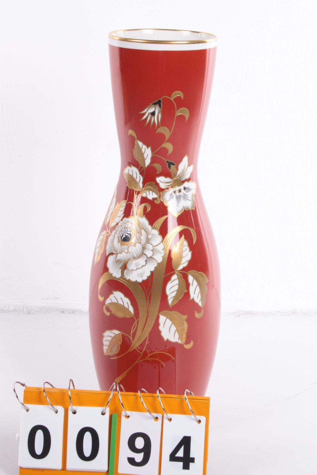 Very Large Red Porcelain Vase With Golden Flowers Veb Wallendorfer 1960 photo for sale