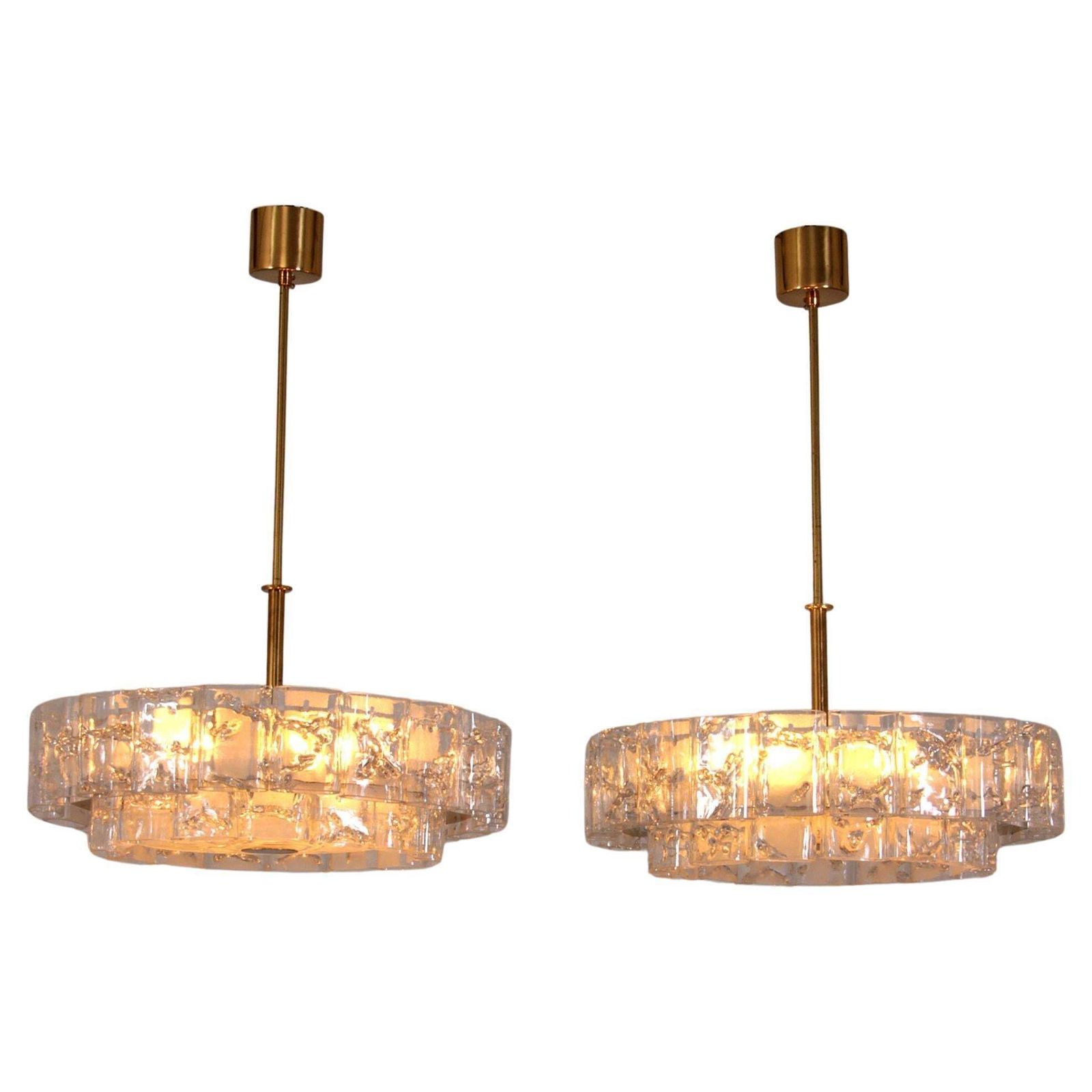 Doria Leuchten Mid Century Brass & Crystal Chandelier 1960 Set Off 2 Pice
