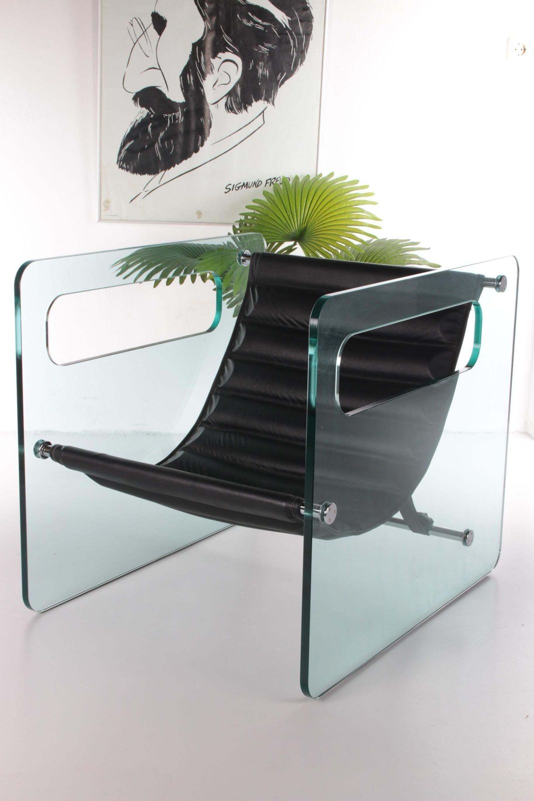 Black Leather Chair By Giovanni Tommaso Garattoni Italy Glass And Black Leather photo furniture