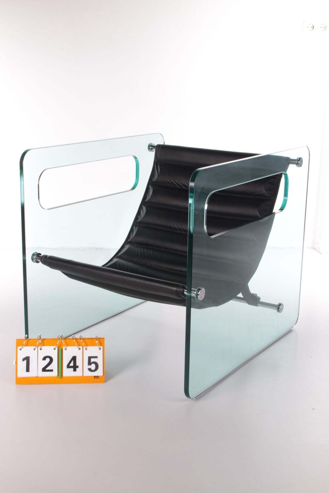 Black Leather Chair By Giovanni Tommaso Garattoni Italy Glass And Black Leather photo for sale
