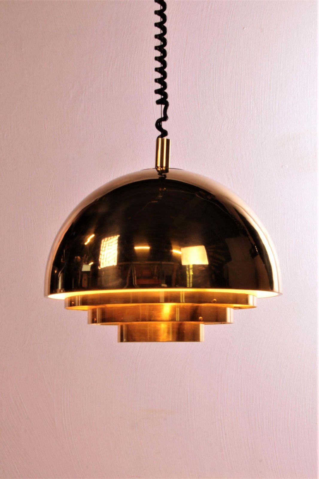 Vintage Brass Hanging Lamp By Vereinigte Werkstatten Collection, 1960 photo Lighting