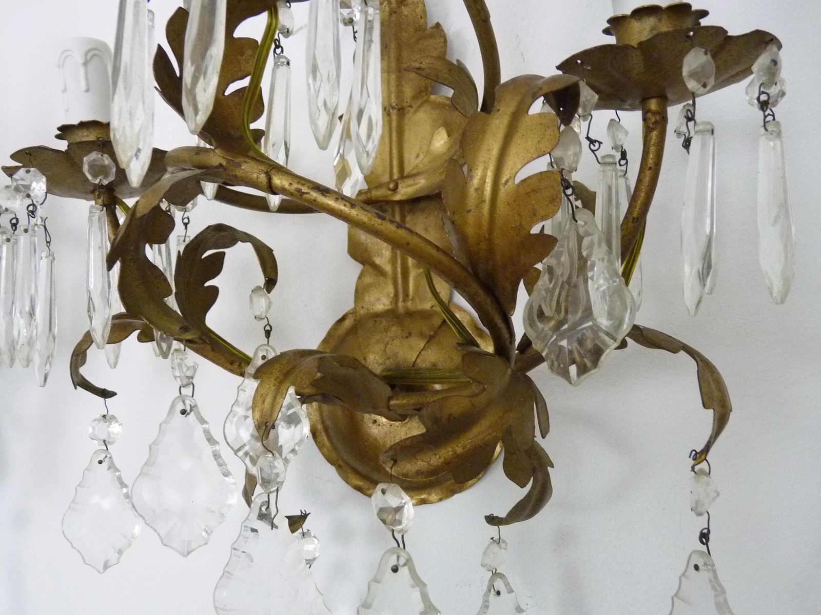 Large (70 Cm   27.55 ") Pair Of Foliage Wall Lights With 3 Arms Of Lights In Gold Metal. 60s 70s photo vintage