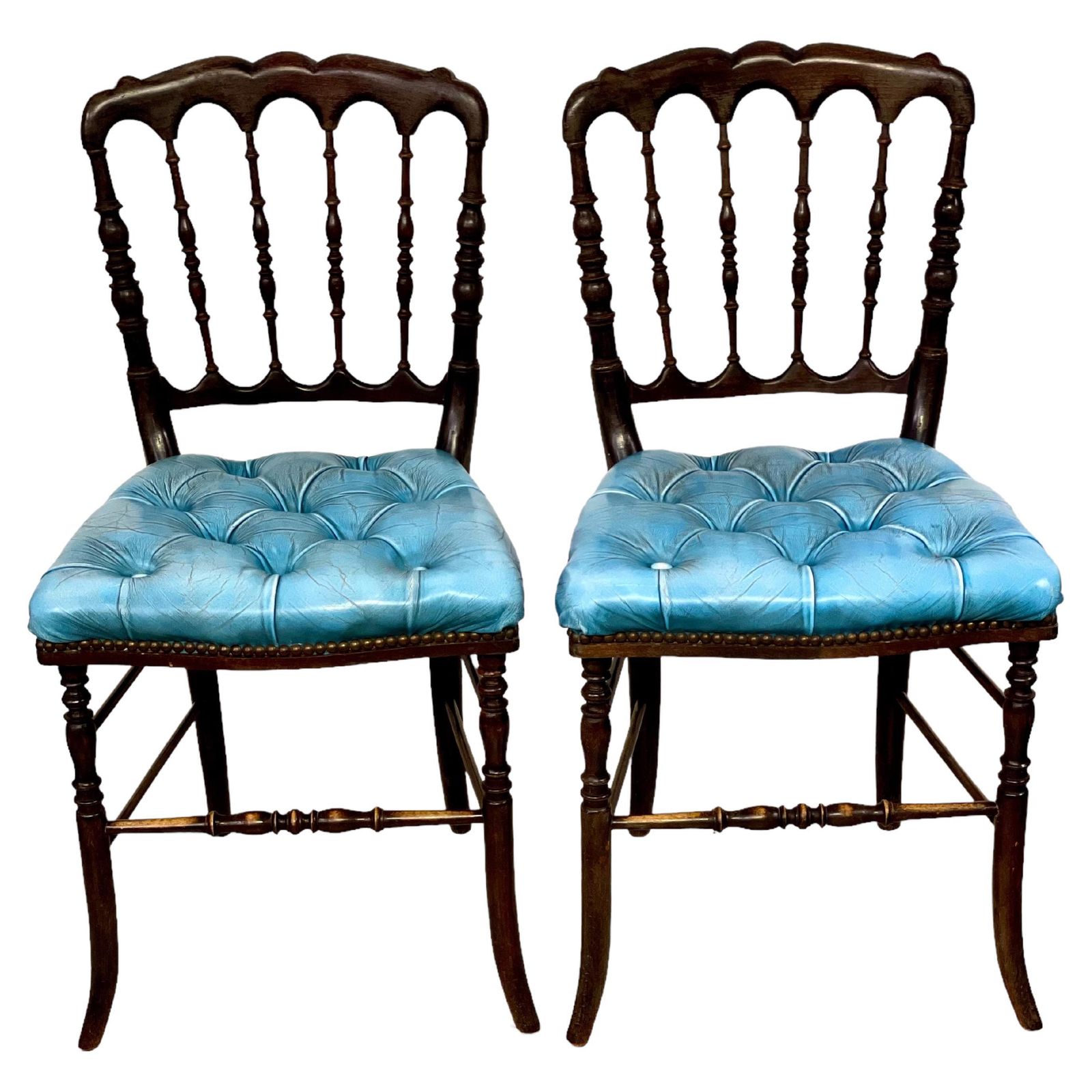 Pair Of Napoleon III Side Chairs With Blue Leather Upholstery