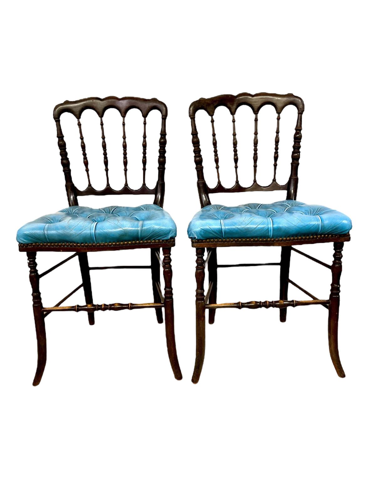 Pair Of Napoleon III Side Chairs With Blue Leather Upholstery photo vinterior