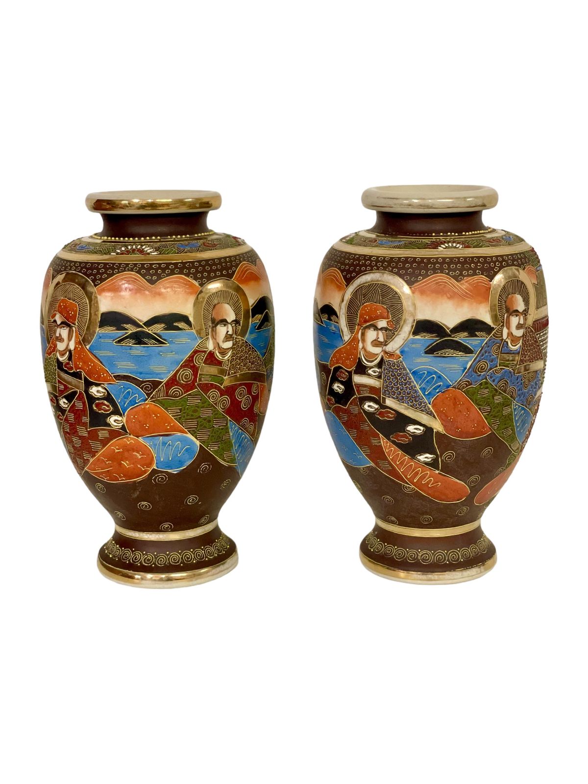 Pair Of Japanese Satsuma 'Moriage' Porcelain Gilt Vases photo for sale