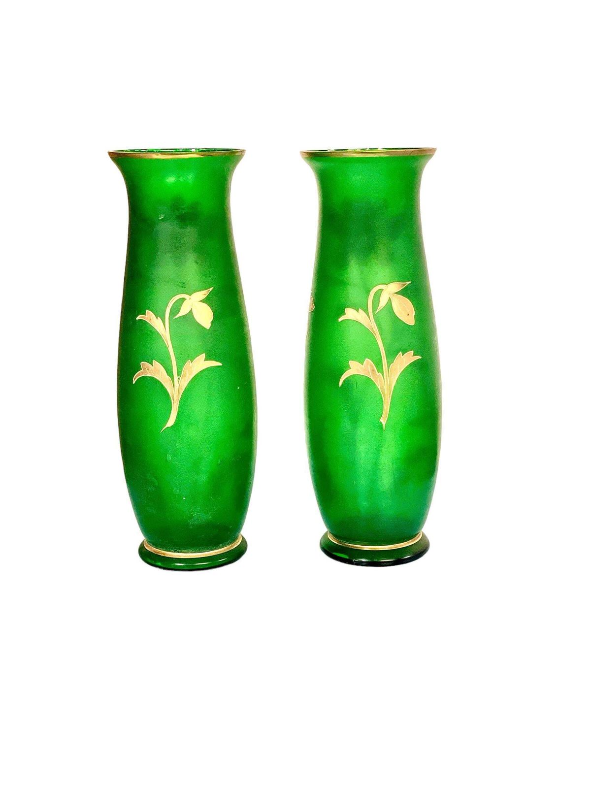 Pair Of Antique Bohemian Gilt And Green Glass Vases photo for sale