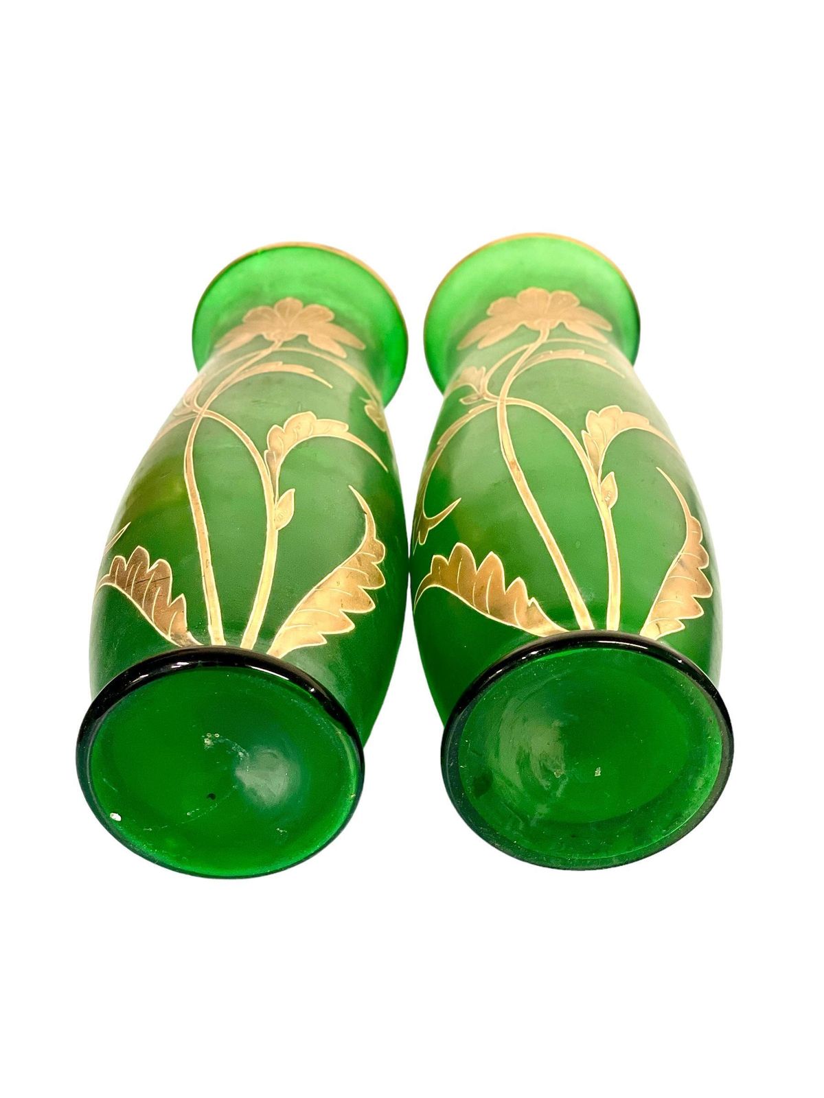Pair Of Antique Bohemian Gilt And Green Glass Vases photo vinterior