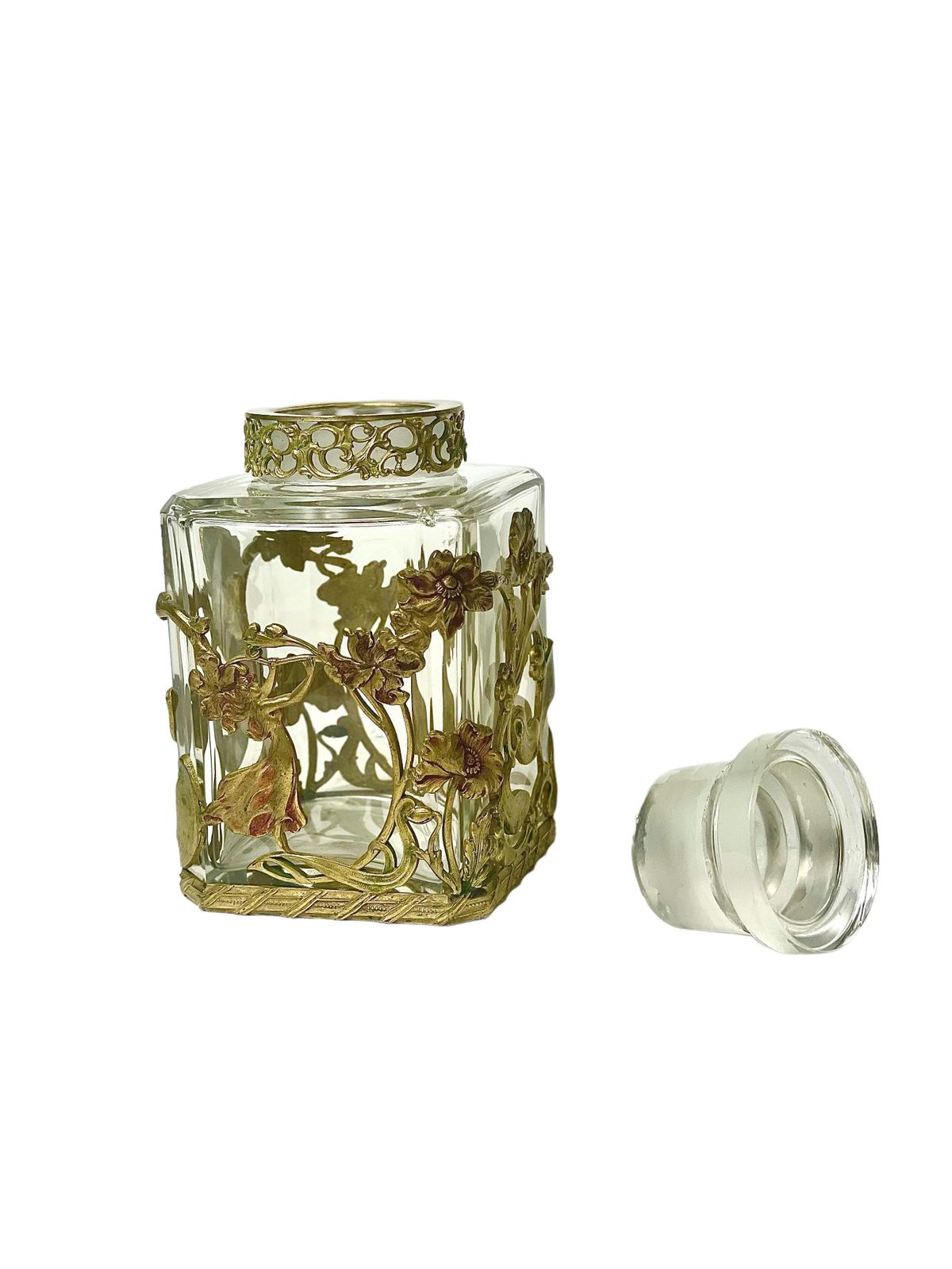 Art Nouveau Crystal And Gilt Brass Bottle With Stopper 19th Century photo for sale
