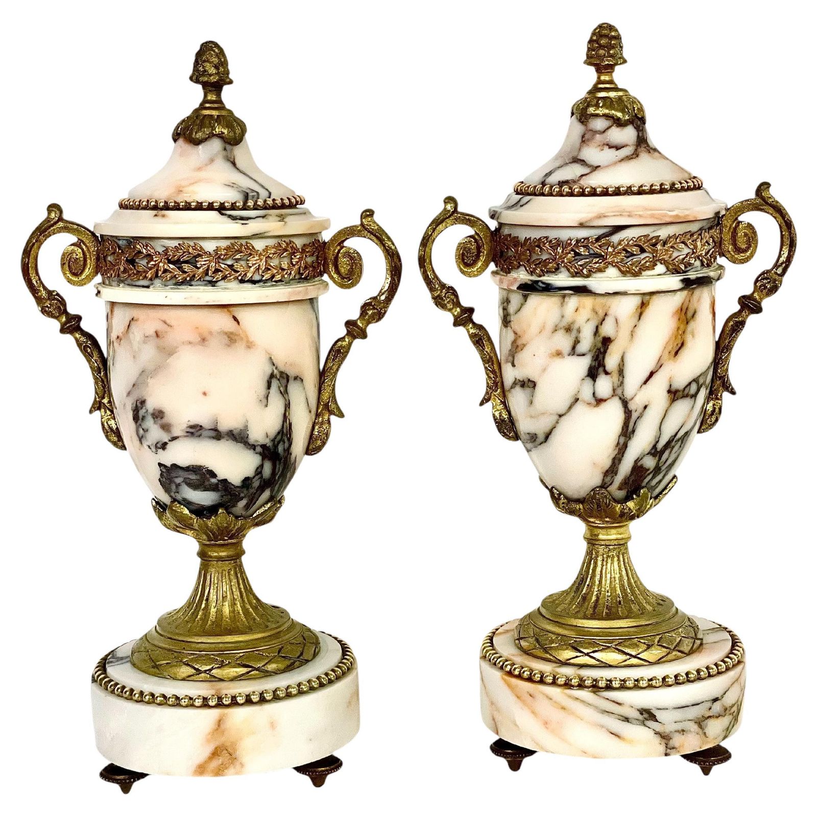 Pair Of 19th Century Gilt Bronze And Marble Cassolettes Or Urns