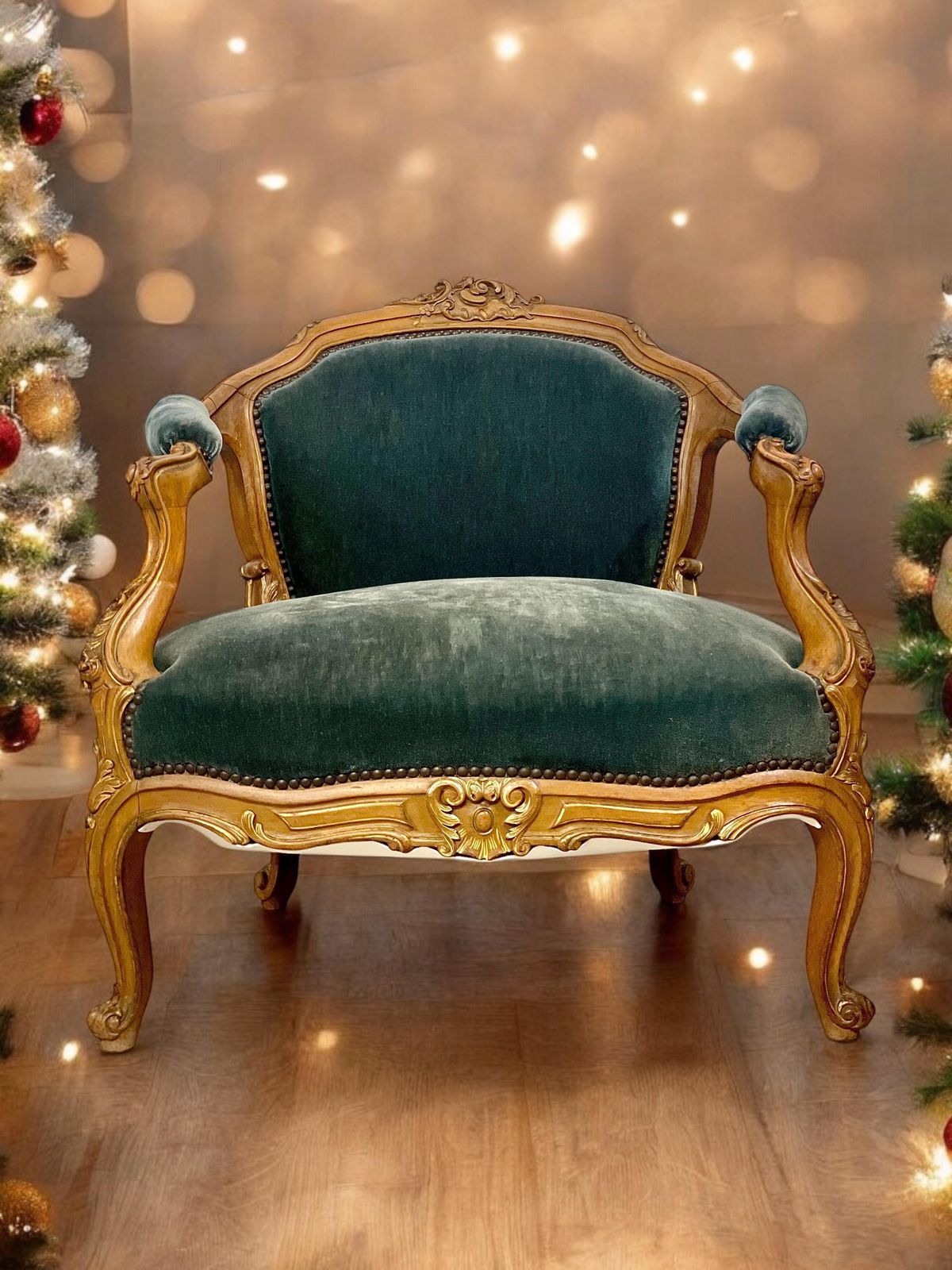 Furniture 19th Century Lounge Armchair In Carved Giltwood And Velvet photo
