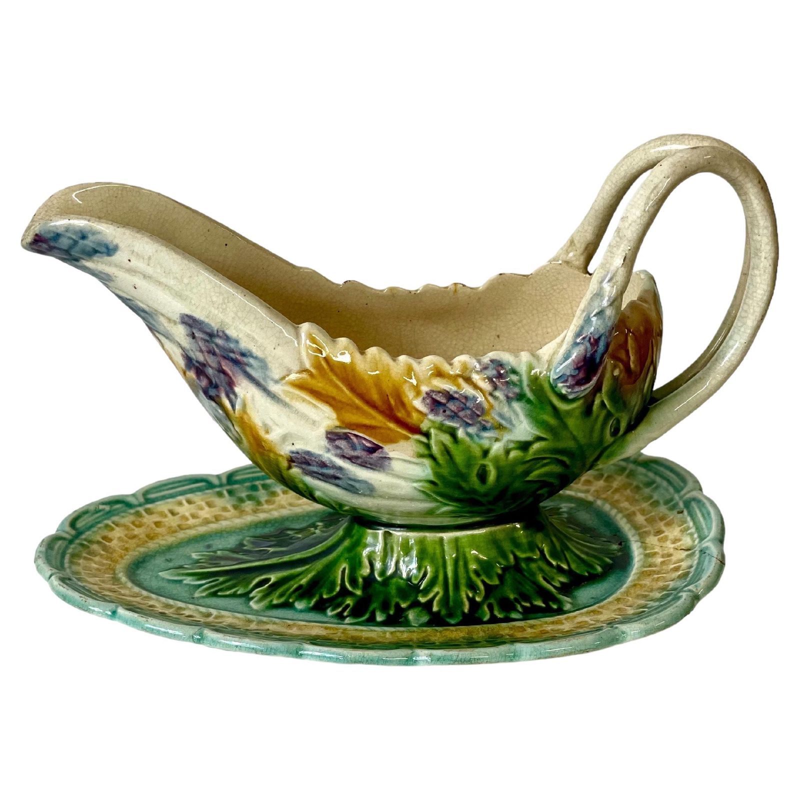 Barbotine Majolica Glazed Asparagus Sauce Boat