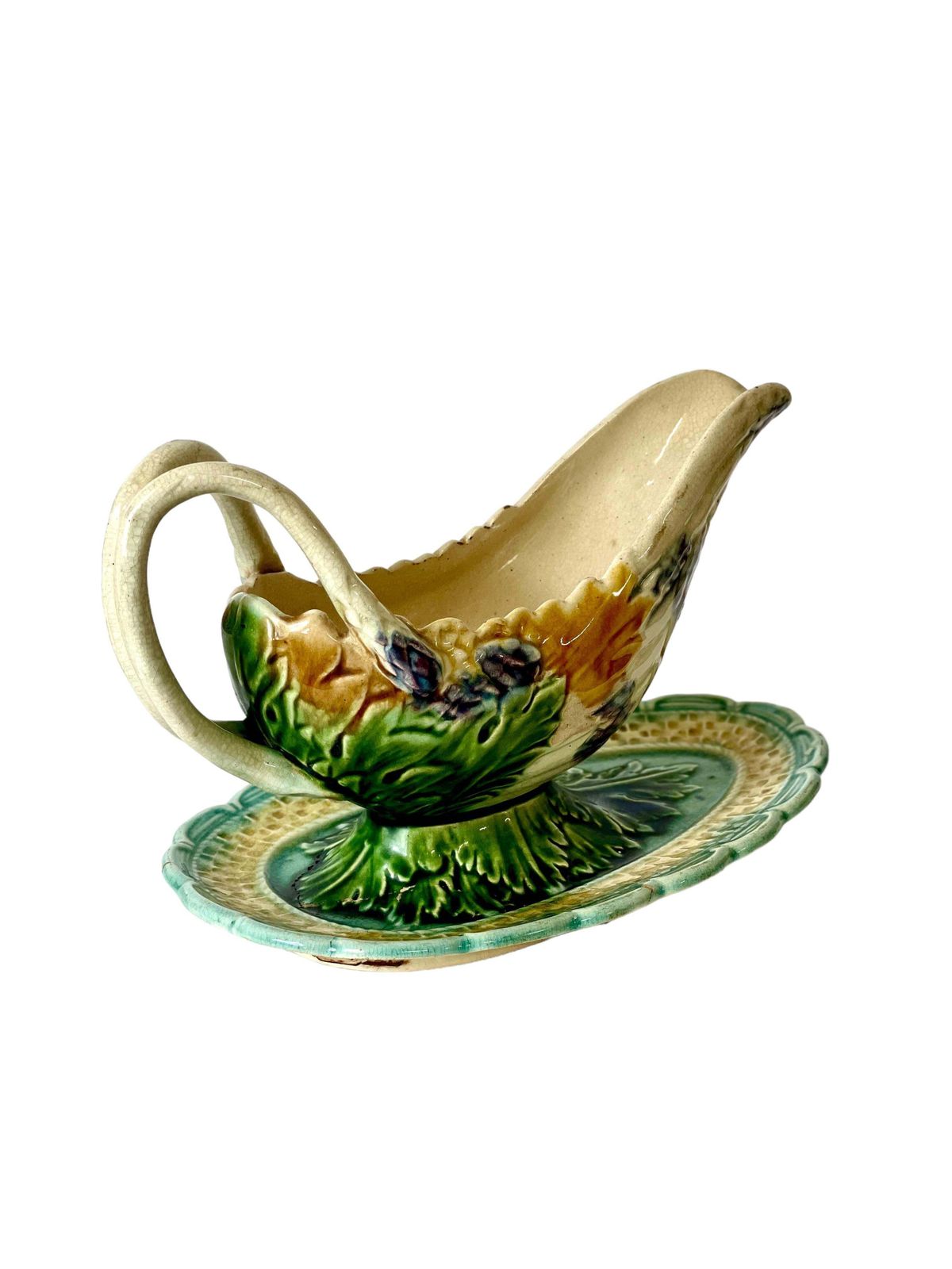 Barbotine Majolica Glazed Asparagus Sauce Boat photo for sale