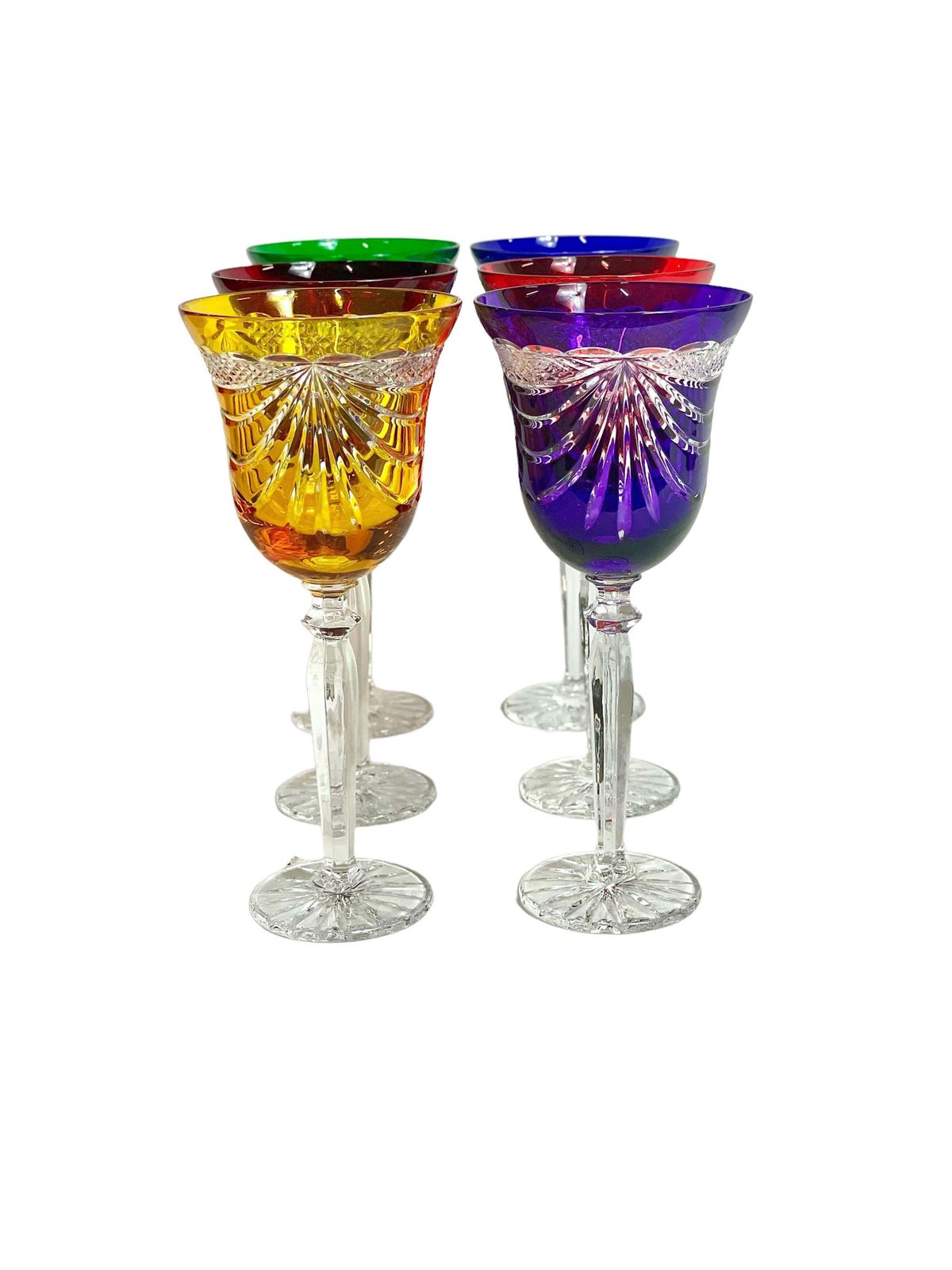 Set Of Six French Multi Coloured Crystal Hand Cut Rhine Wine Glasses With Swag photo for sale