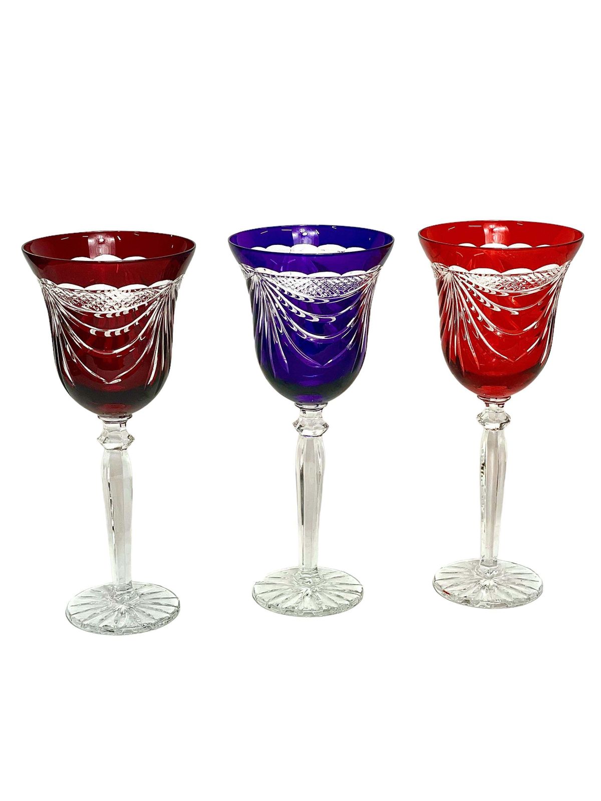 Set Of Six French Multi Coloured Crystal Hand Cut Rhine Wine Glasses With Swag photo 928.0