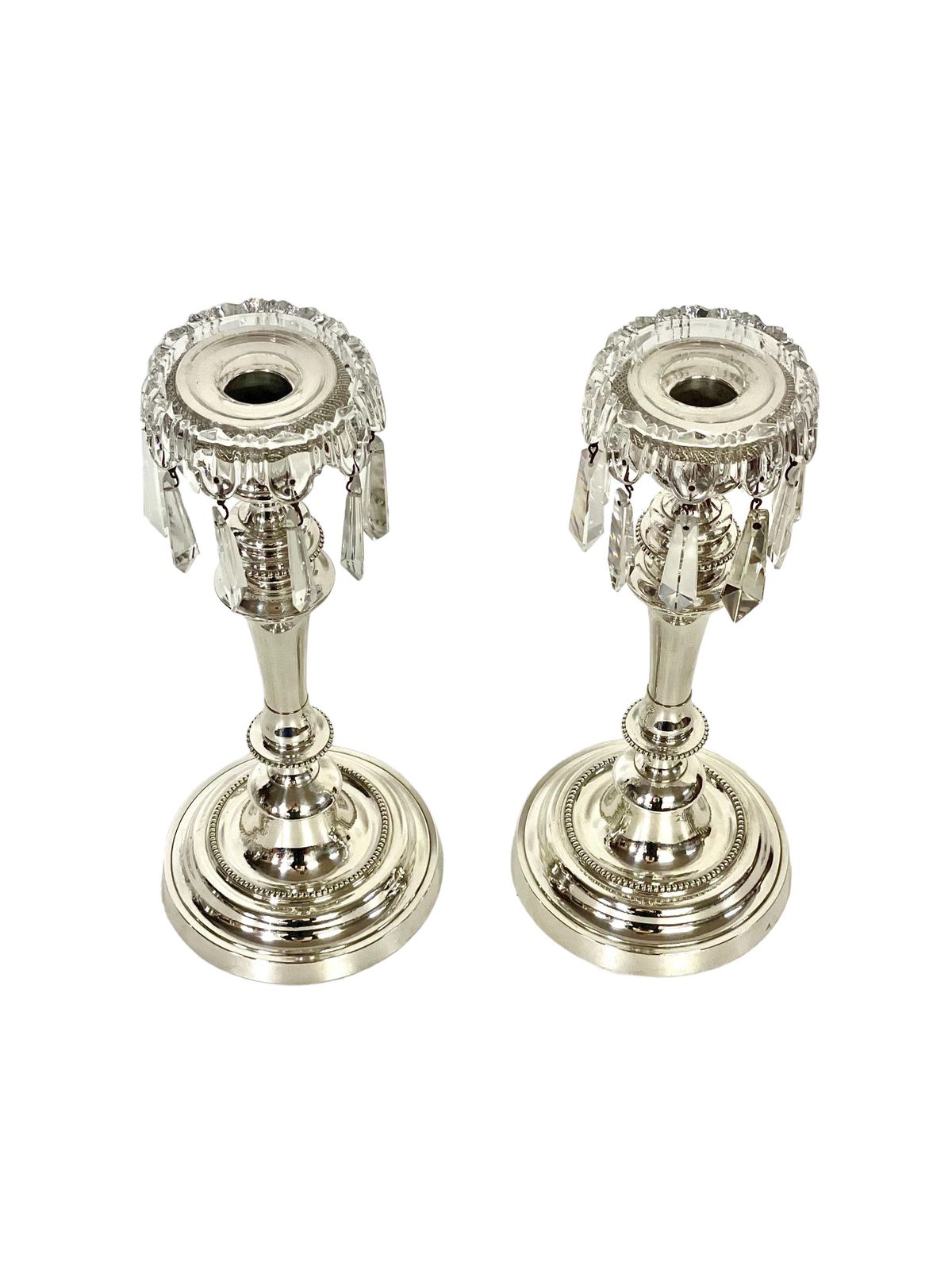 Louis XVI Style Pair Of Silver Plated And Crystal Candle Holders By Morlot photo furniture