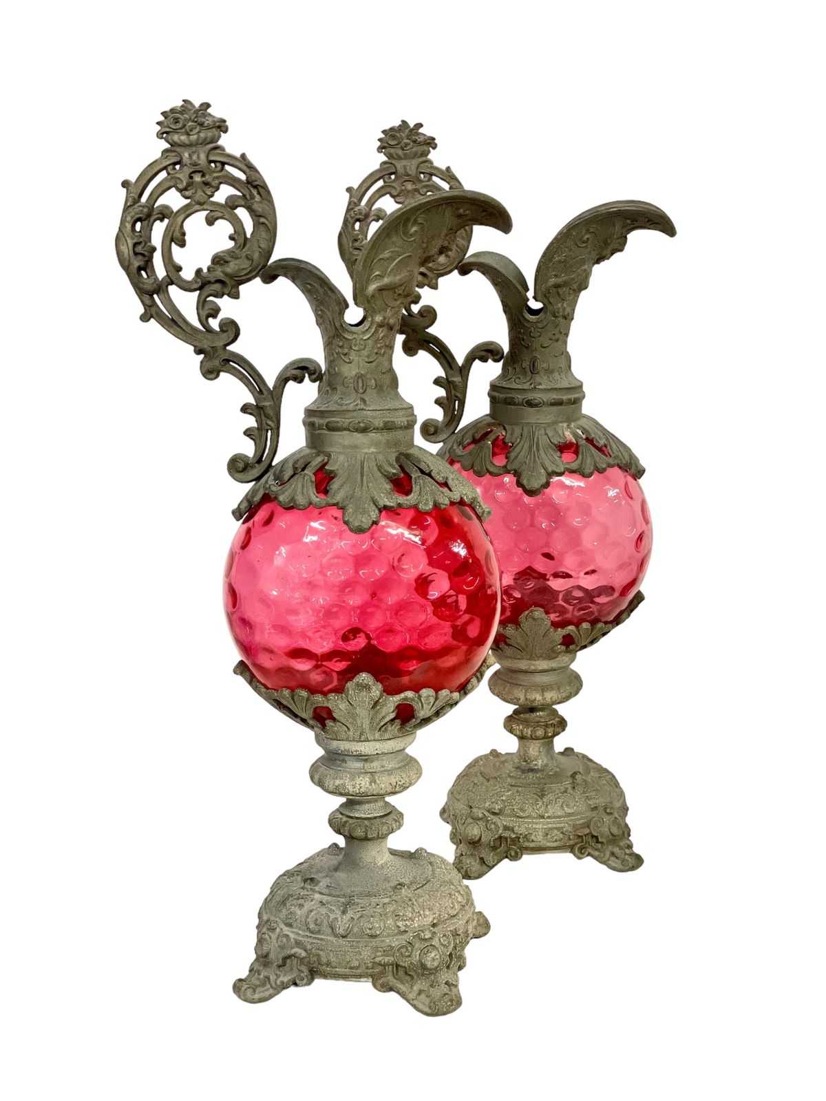 19th Century French Pair Of Tall Silver Plated Ewers With Pink Glass photo Home Decor
