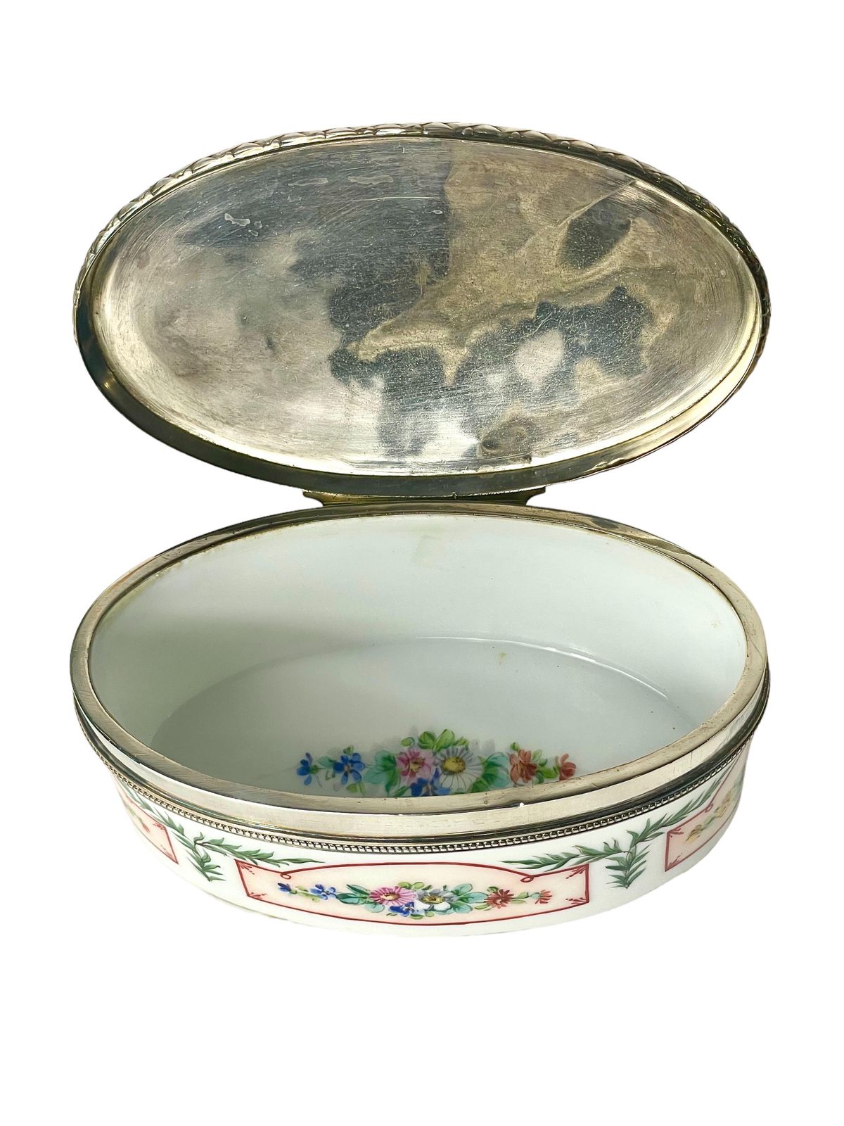 Sterling Silver, Lidded Porcelain Trinket Or Snuff Box photo for sale